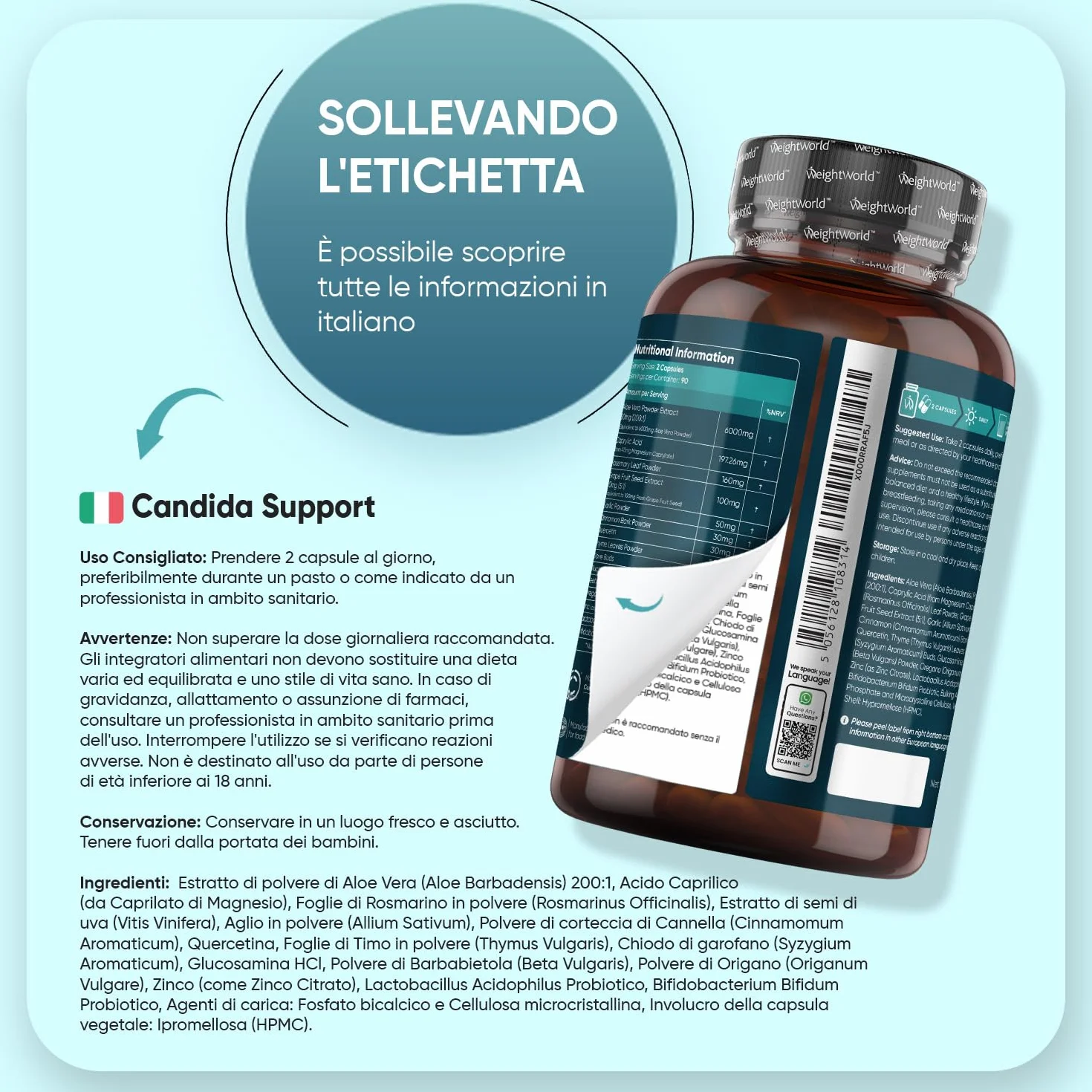 Candida Support 180 Capsule Vegane con Zinco, Aglio, Quercetina, Aloe Vera, Rosmarino, Cannella, Probiotici