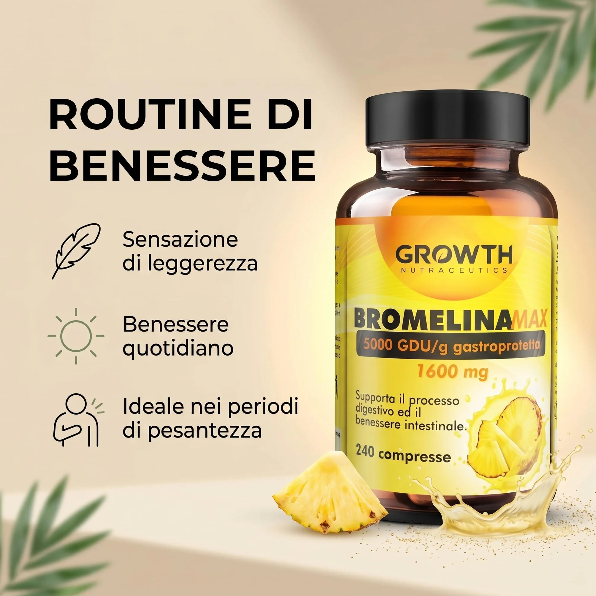 Bromelina 5000 GDU/g 240 Compresse Integratore di Bromelina da Ananas - Supporto Drenaggio Liquidi e Benessere Digestivo