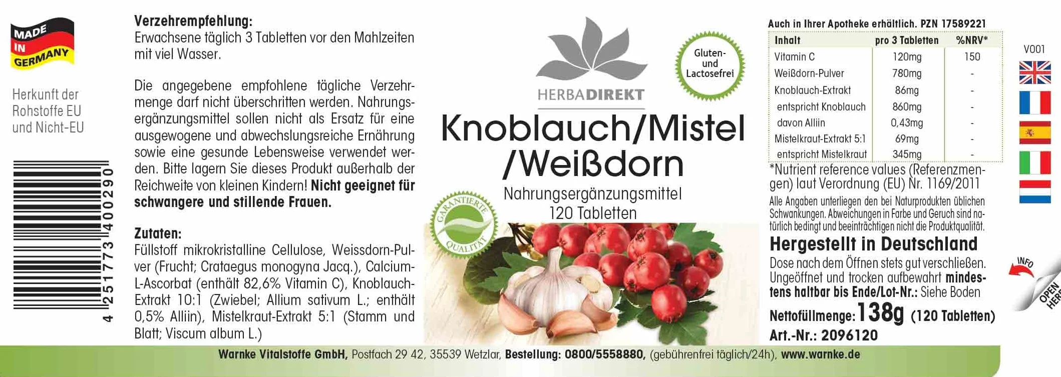 Biancospino vischio d'aglio - 120 compresse con vitamina C, altamente dosato, vegano | HERBADIREKT by Warnke Vitalstoffe - Qualità da farmacia tedesca