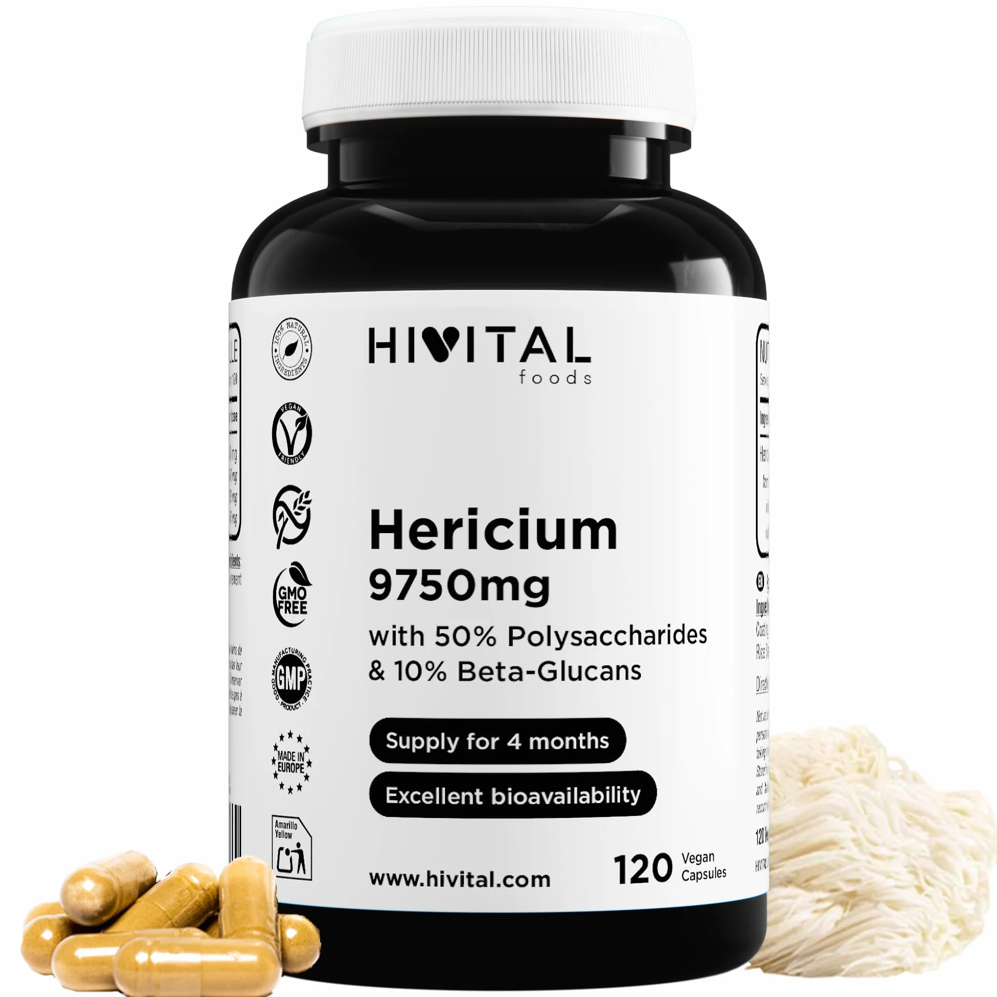 Lion's Mane 9750 mg. 120 capsule vegane per 4 mesi di trattamento. Estratto Naturale di Hericium Erinaceus con il 50% di Polisaccaridi e il 10% di Beta Glucani. Prodotto in Europa da HIVITAL
