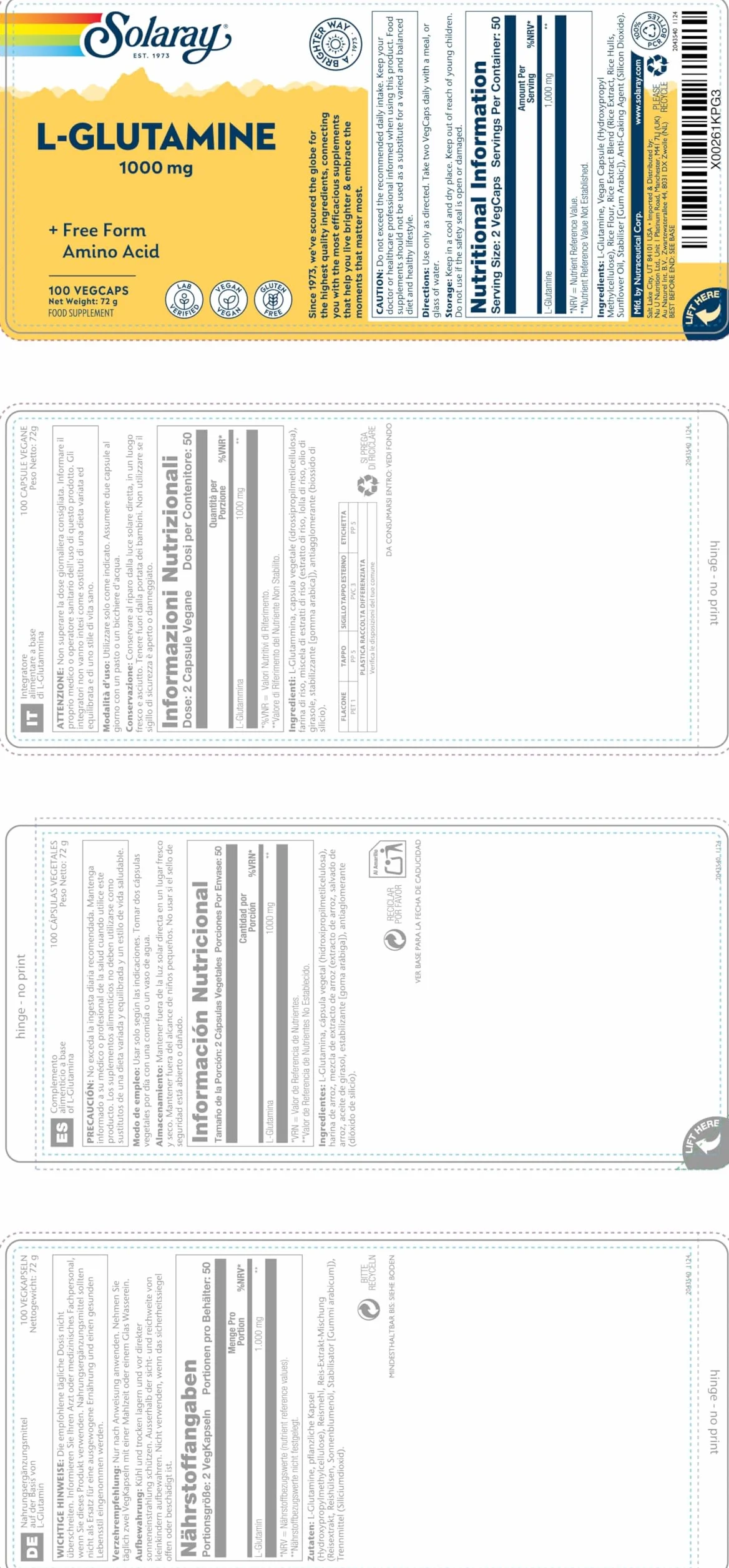 Solaray Glutammina 1000mg - 100 Capsule Vegane - 500mg di L-Glutammina per Capsula - Aminoacido di Alta Qualità - Integratore Pre Allenamento - Testata in Laboratorio