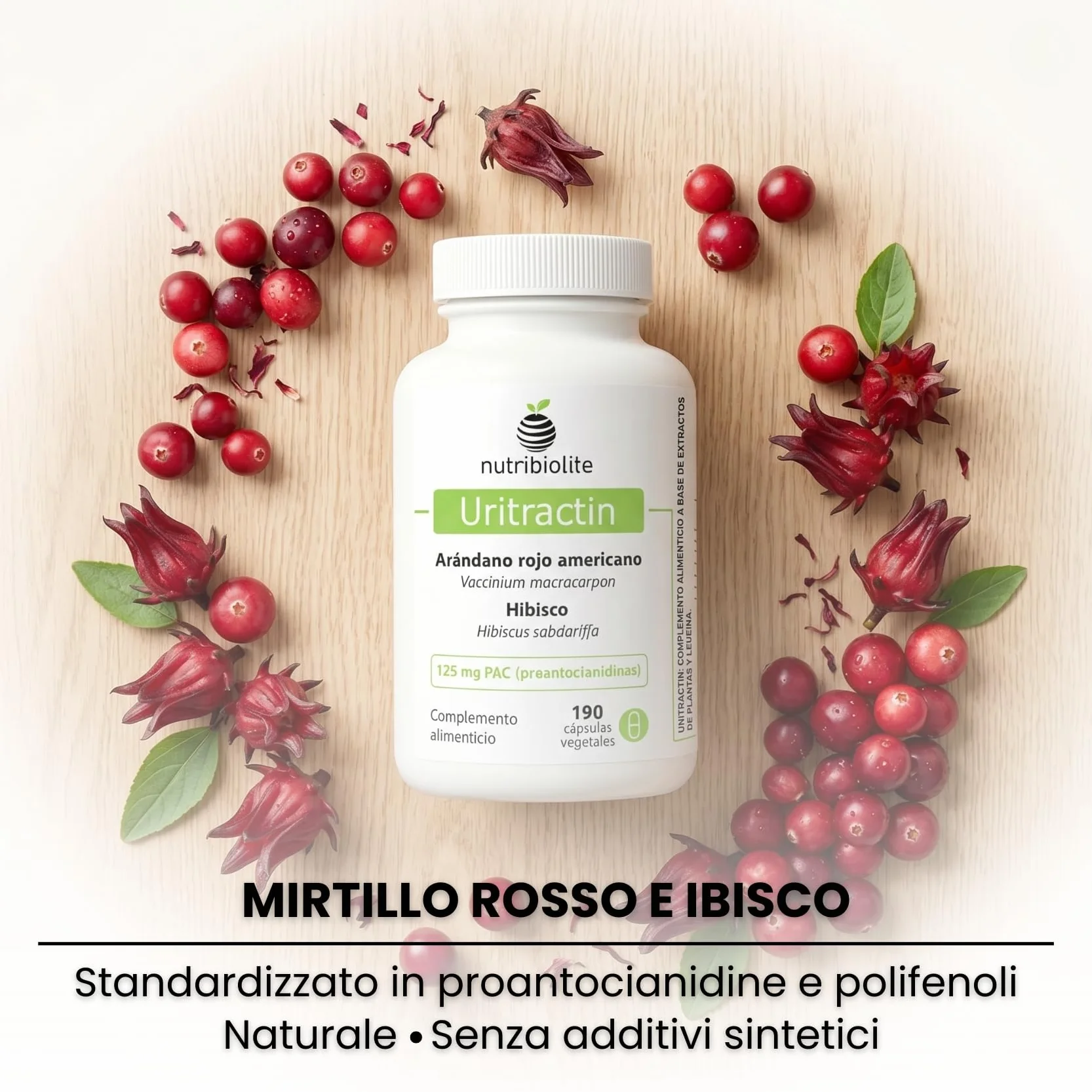 Mirtillo Rosso Americano Cranberry con Ibisco 125 mg di PAC Proantocianidine - Vie Urinarie - 190 Capsule - Senza Additivi +6 Mesi | Uritractin Nutribiolite