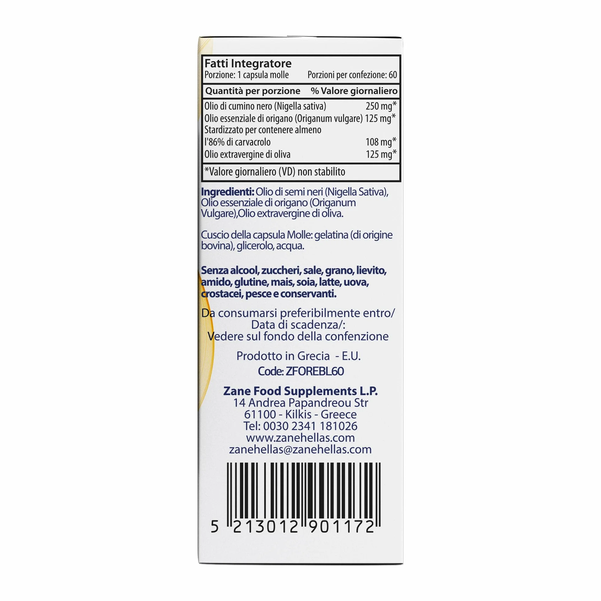 Zane Vital Olio di Origano e Olio di Cumino Nero – Capsule Molli con Carvacrolo e Timochinone – Integratore Alimentare – 60 Capsule