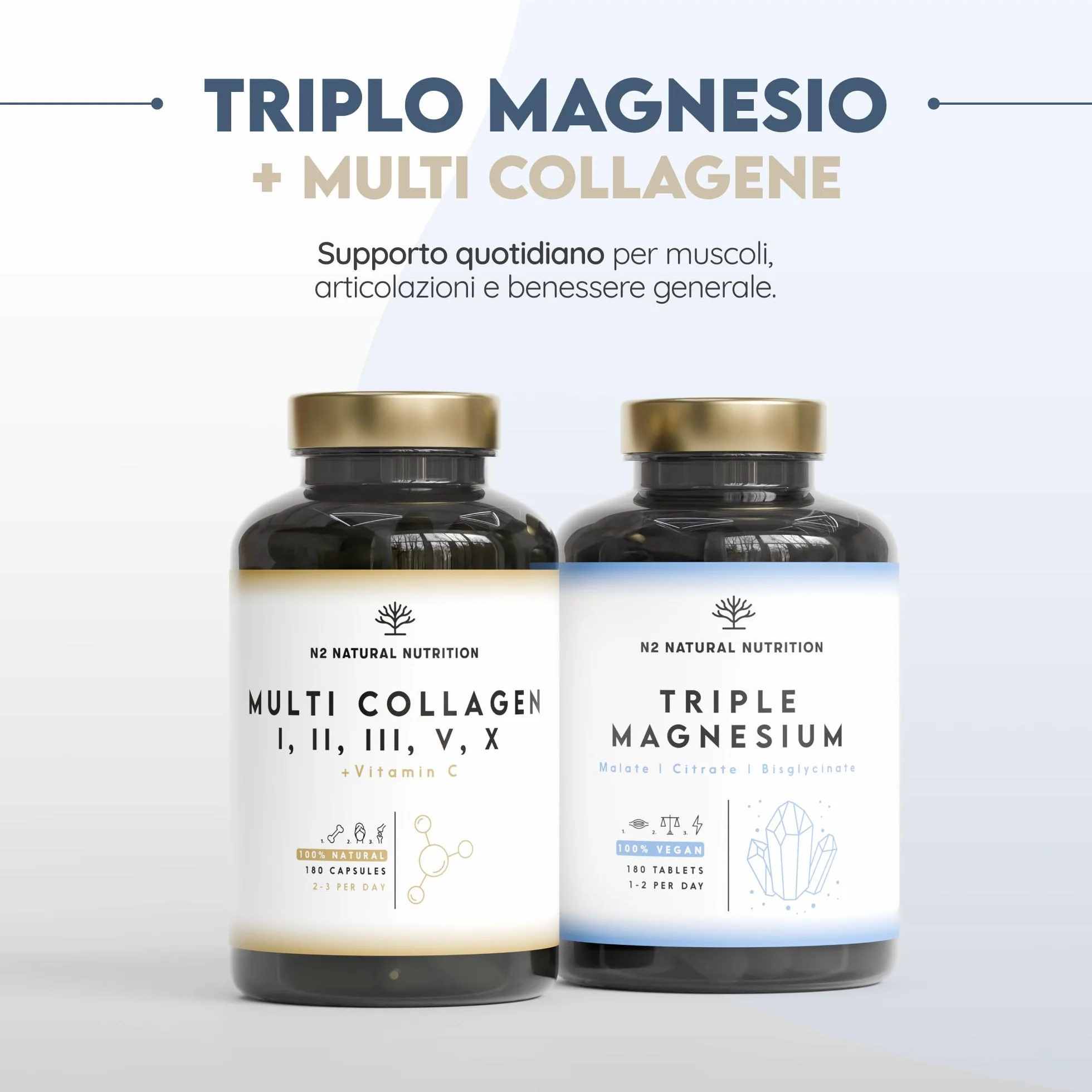 Triple Magnesio 2640 mg. Integratore Magnesio Bisglicinato + Magnesio Citrato + Magnesio Malato - Riposo, Energia, Ossa e Muscoli - Antistress - 440mg Elementare - 180 Compresse - N2 Natural Nutrition