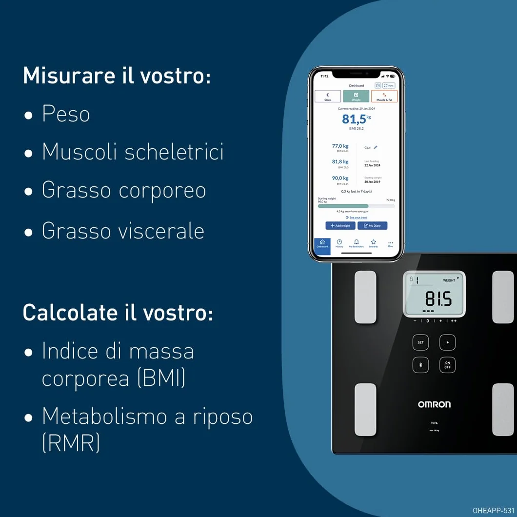OMRON VIVA bilancia pesapersone digitale Bluetooth grasso viscerale muscoli metabolismo BMI