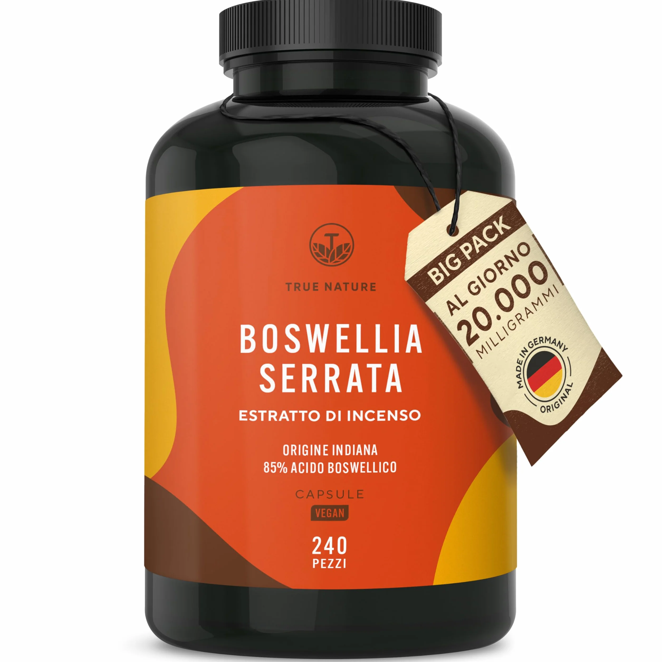 Boswellia Serrata - 240 Capsule - 20.000 mg - Alto dosaggio (10:1) - incenso integratore - Vegan, Testato in Laboratorio, Produzione Tedesca - TRUE NATURE®