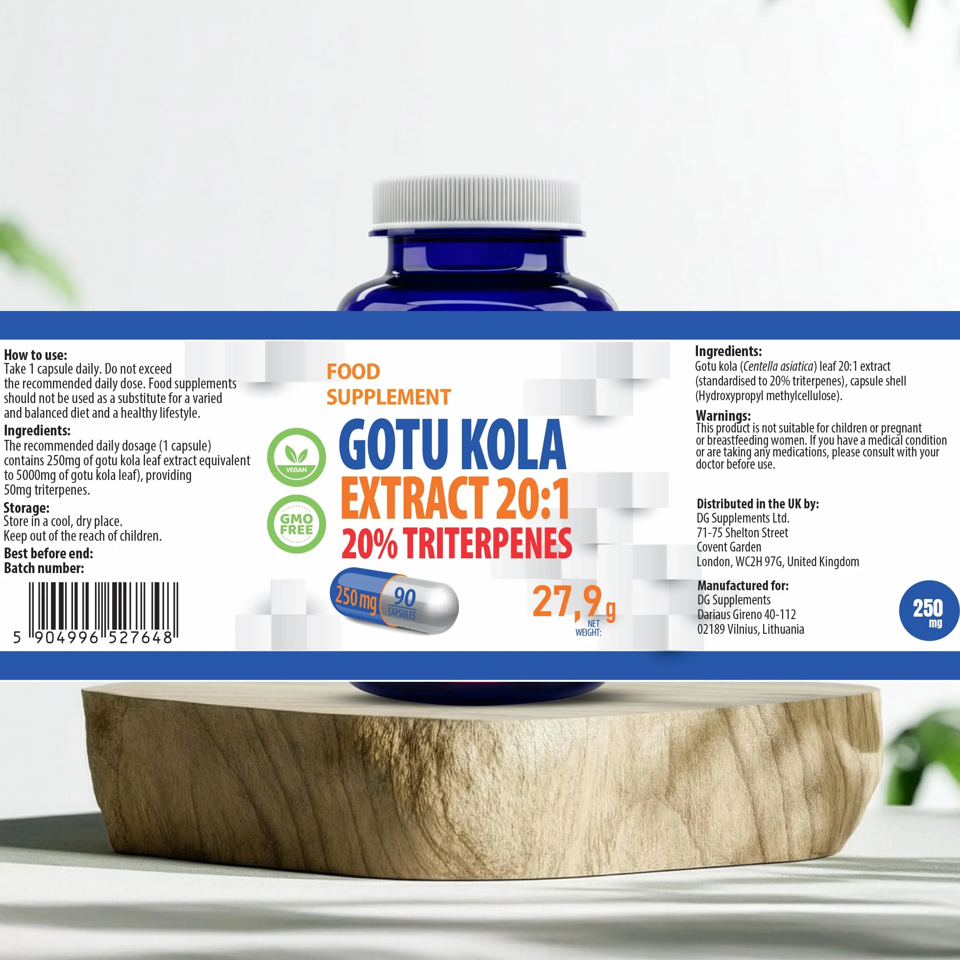 Hepatica Gotu Kola 5.000 mg Estratto 20:1 250 mg Triterpeni 20% 90 Capsule Vegane GMP