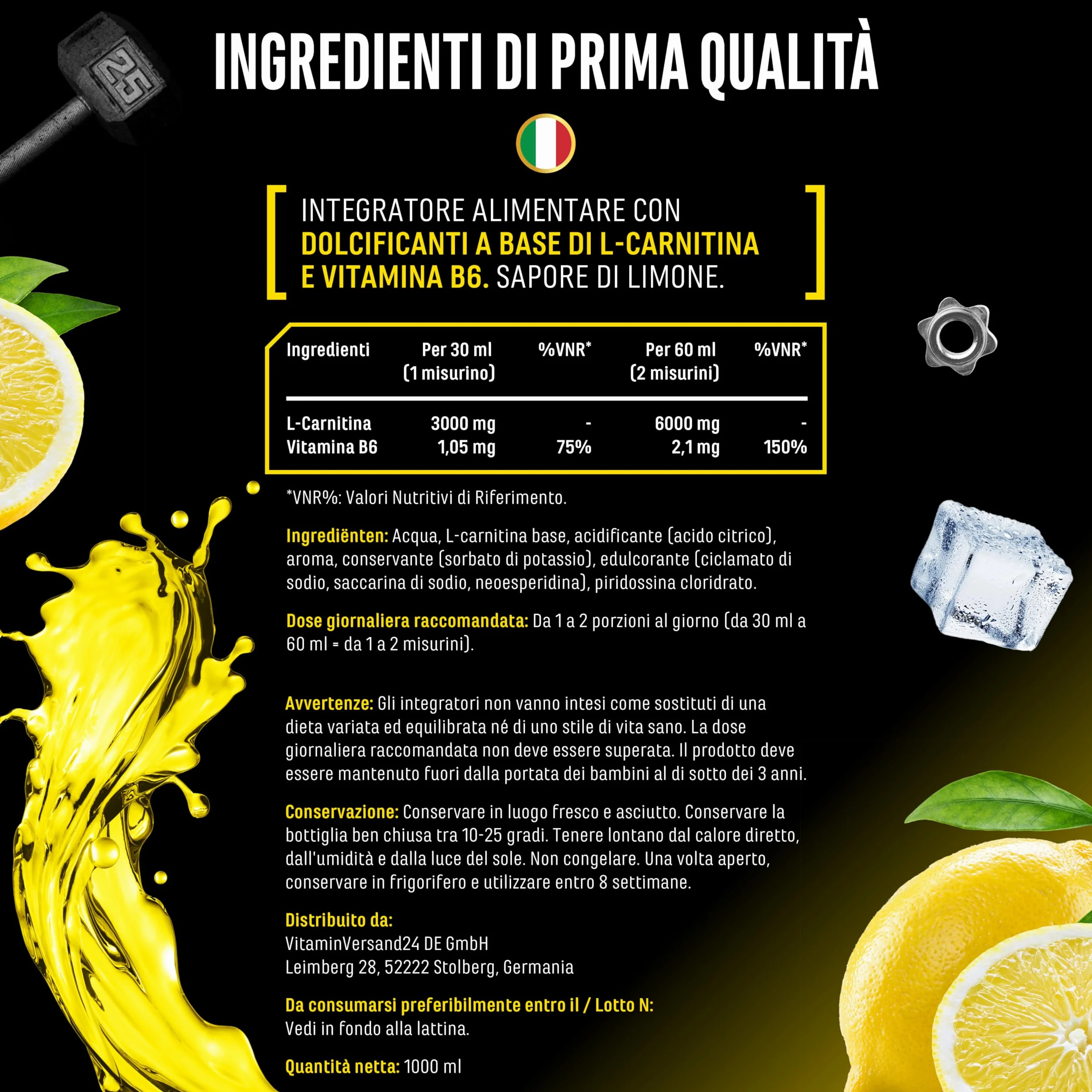 L-Carnitina 6000 Liquido 1000 ml, Integratore con 6000 mg di L-carnitina pura per dose giornaliera, Bevanda aminoacida per l'allenamento, Gusto Lemon Boost, Vegano
