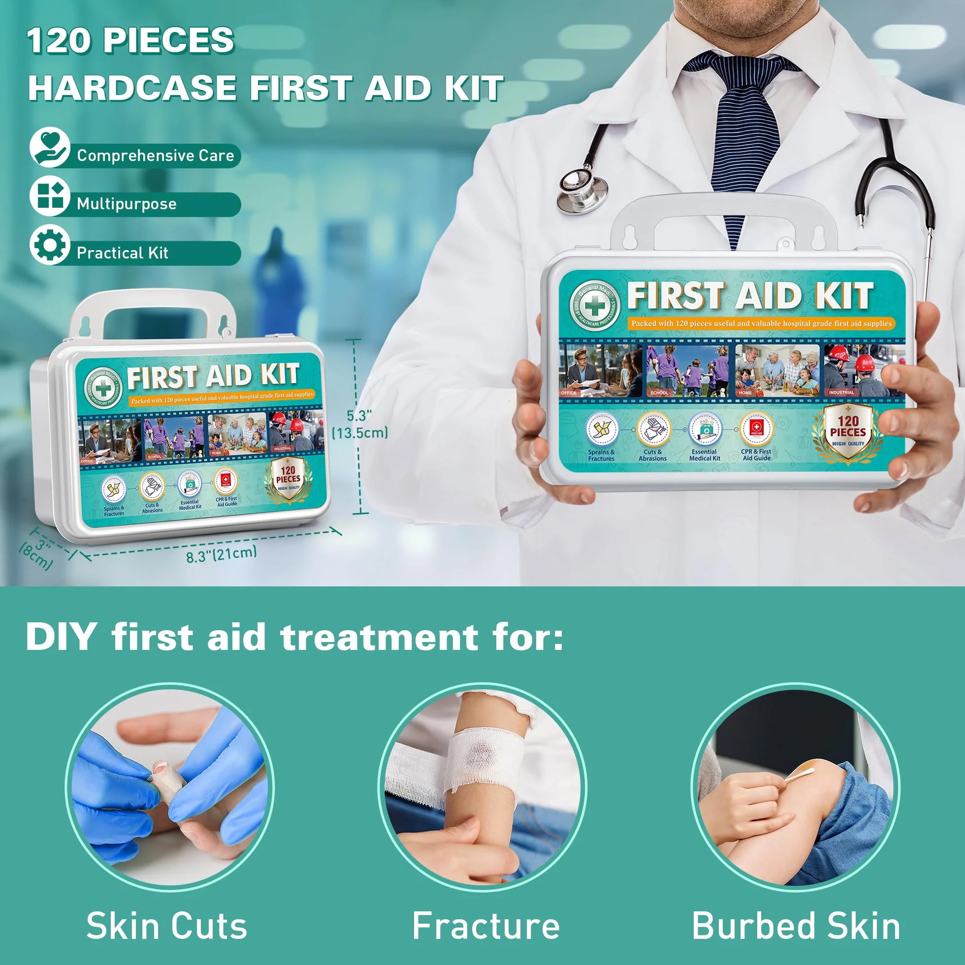 General Medi Set di pronto soccorso – 120 pezzi Premium kit di pronto soccorso per casa, auto, viaggi, ufficio, sport, escursionismo, campeggio, soccorso