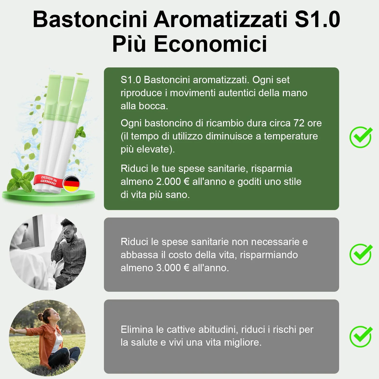 S1.0 3 PCS Smettere di Fumare Inalatore con Cartucce Filtro al Gusto di Menta Per Migliorare Respirazione Verde