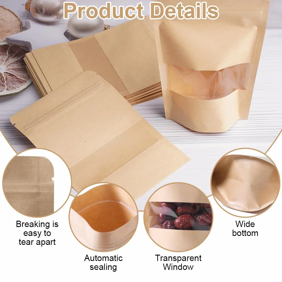 100 Pezzi 15 x 10 cm Sacchetti Carta Kraft con Finestra, Marrone Sacchetti di Carta per Alimenti, Riutilizzabile con Cerniera Imballaggi per Alimenti in Carta Kraft per Noci, Chicchi di Caffè, Tè