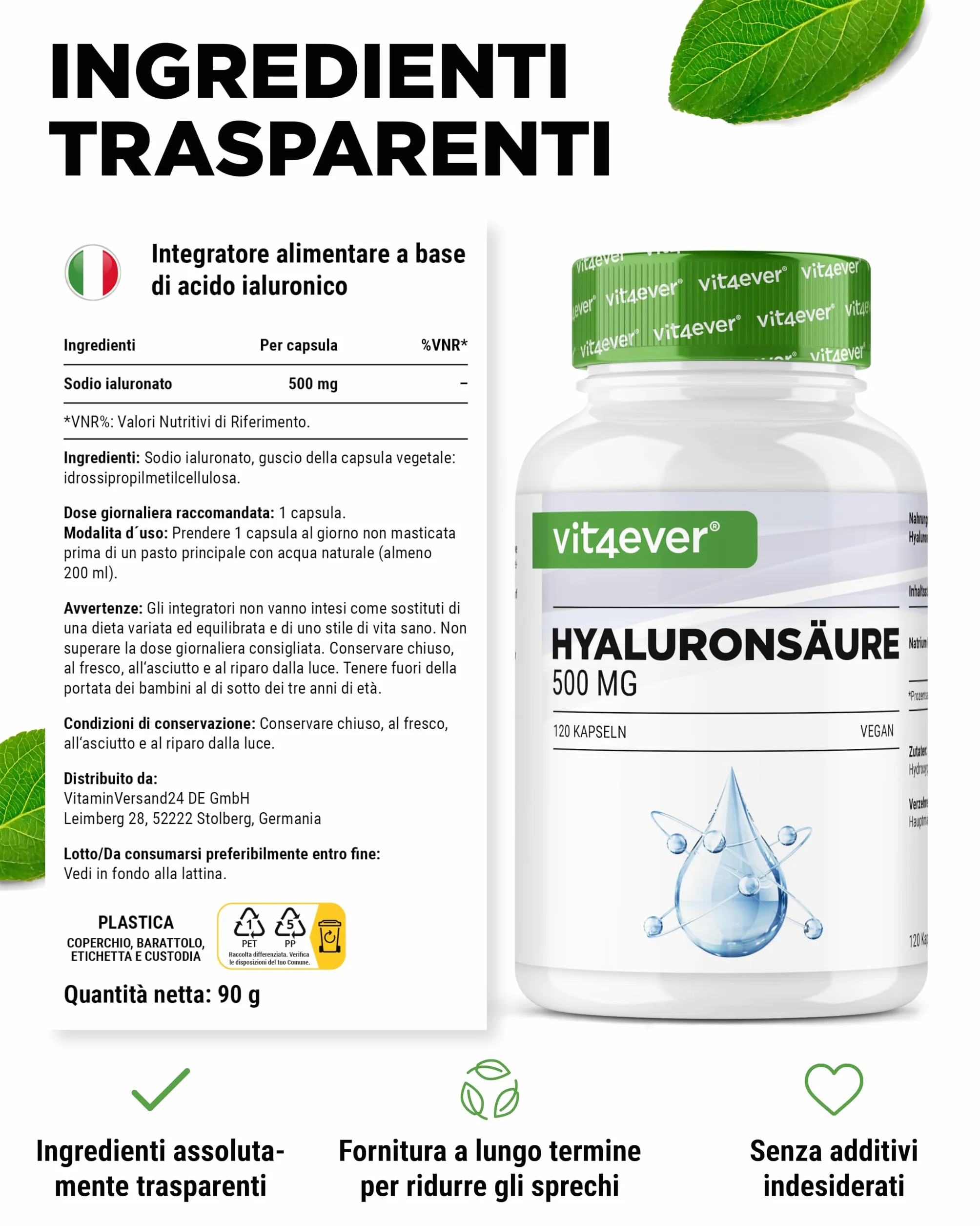 Acido Ialuronico 120 Capsule 500 mg 500-700 kDa Fermentazione Vegetale Vegano