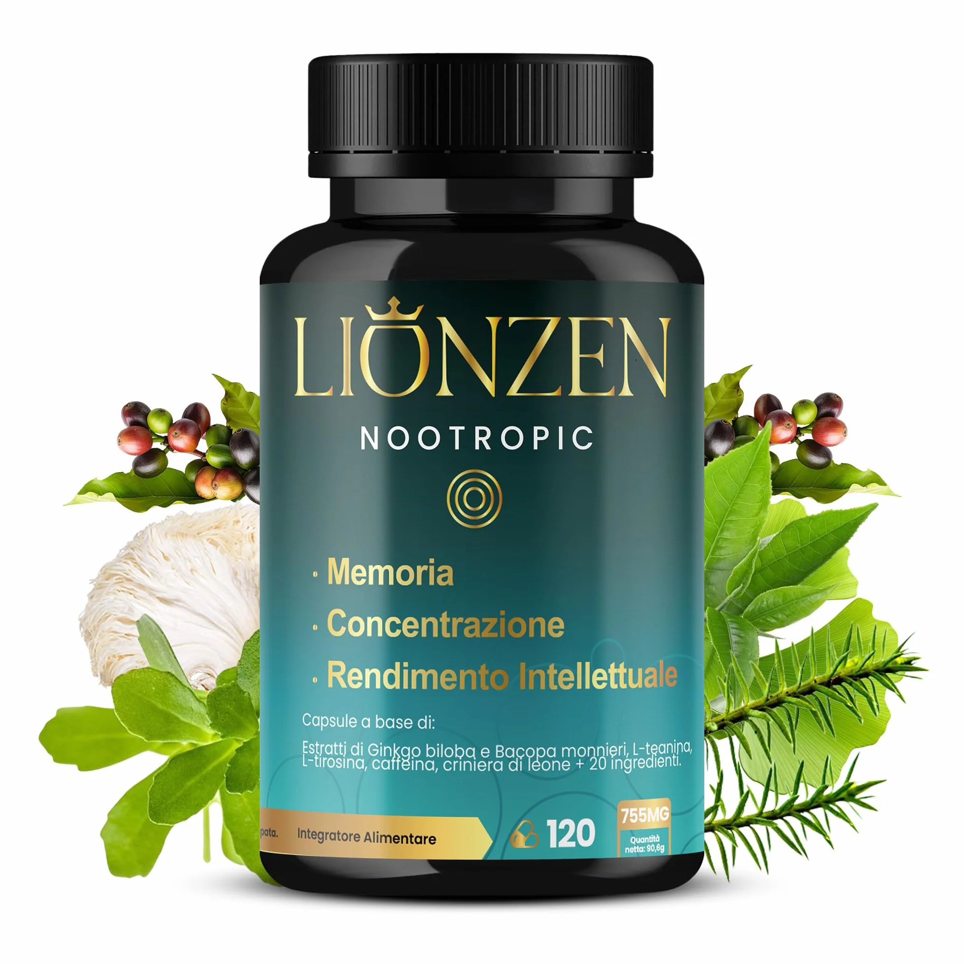 Nootropico concentrato Memoria e Concentrazione 23 ingredienti naturali Bacopa Ginkgo Biloba Caffeina Vitamine Magnesio