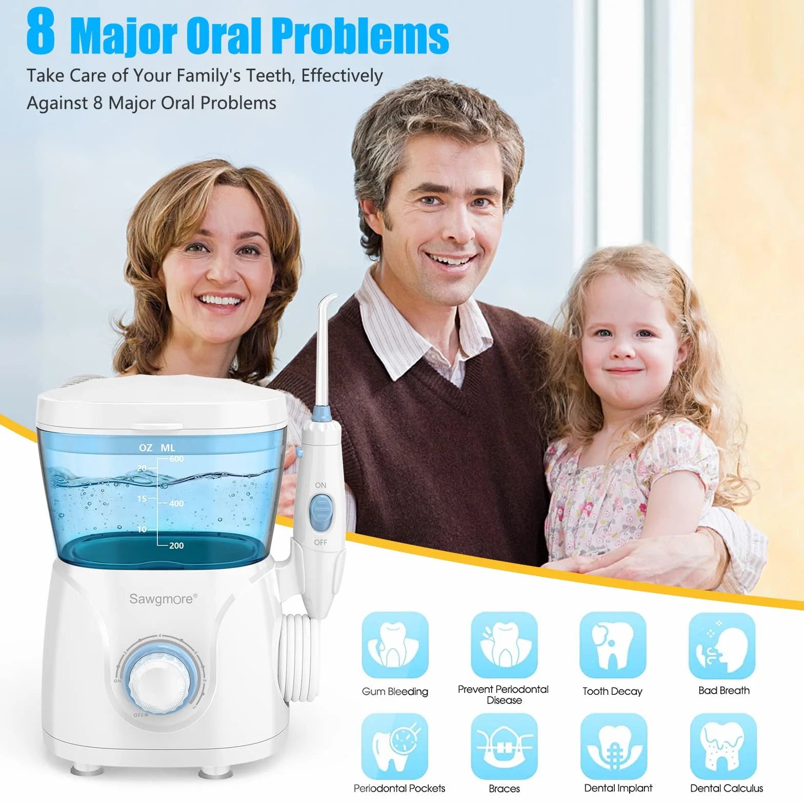 Sawgmore Idropulsore Dentale, irrigatore orale professionale con 8 ugelli multifunzionali, 10 impostazioni di pressione dell'acqua, capacità 600 ml, per Cura Famiglia e Cura Dentale