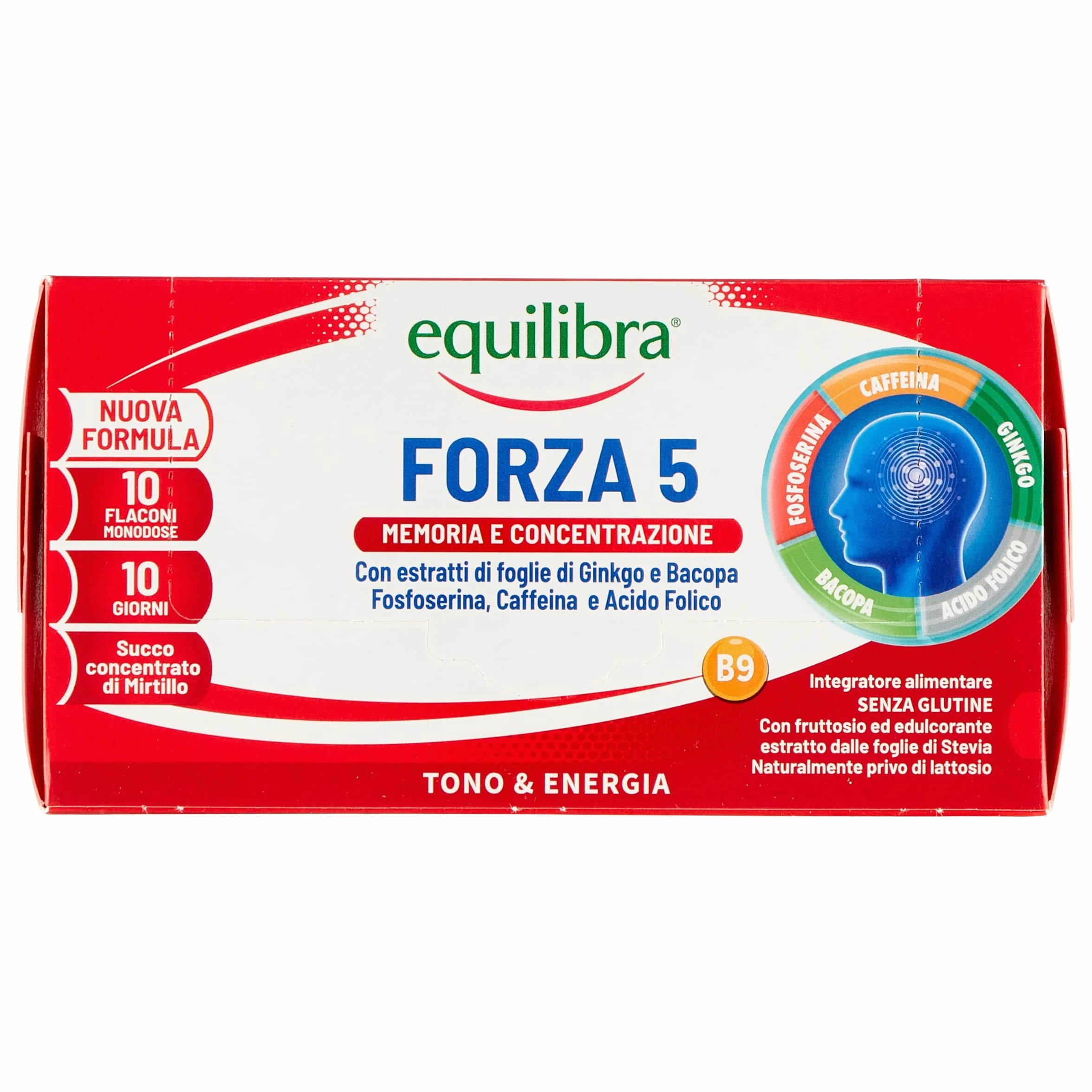 Equilibra Forza 5 Integratore Alimentare Ginkgo Bacopa Fosfoserina Caffeina Acido Folico Cola Mirtillo 10 Flaconcini