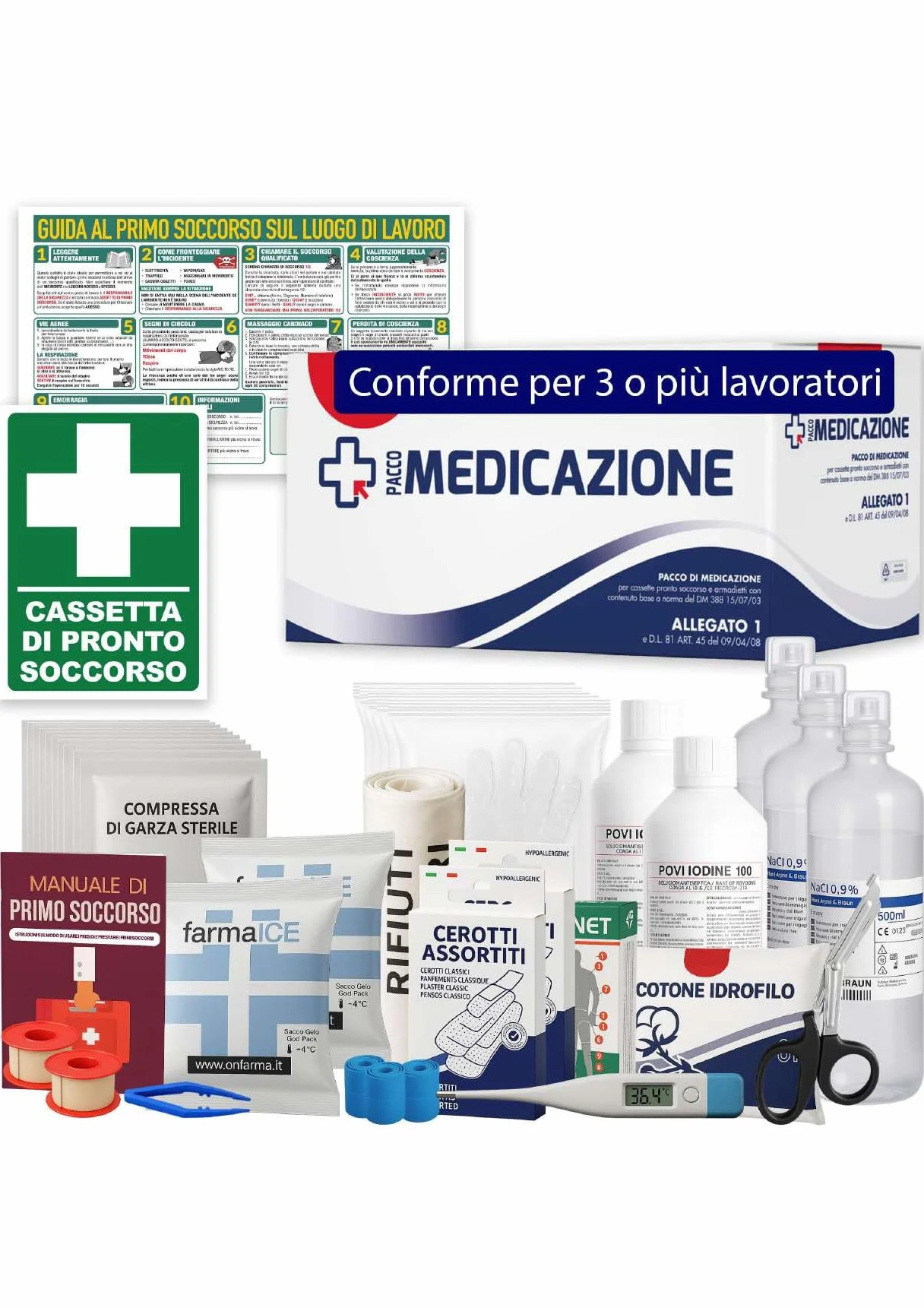 ONFARMA KIT DI REINTEGRO COMPLETO DI CARTELLO PRIMO SOCCORSO per aziende D.M. 388