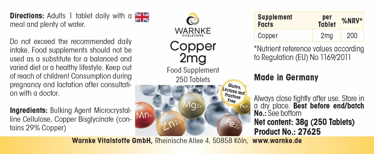 Rame 2mg - 250 compresse, ciascuna contenente 2mg - Bisglicinato di rame - ALTO DOSAGGIO - Qualità farmaceutica tedesca - vegano | Warnke Vitalstoffe