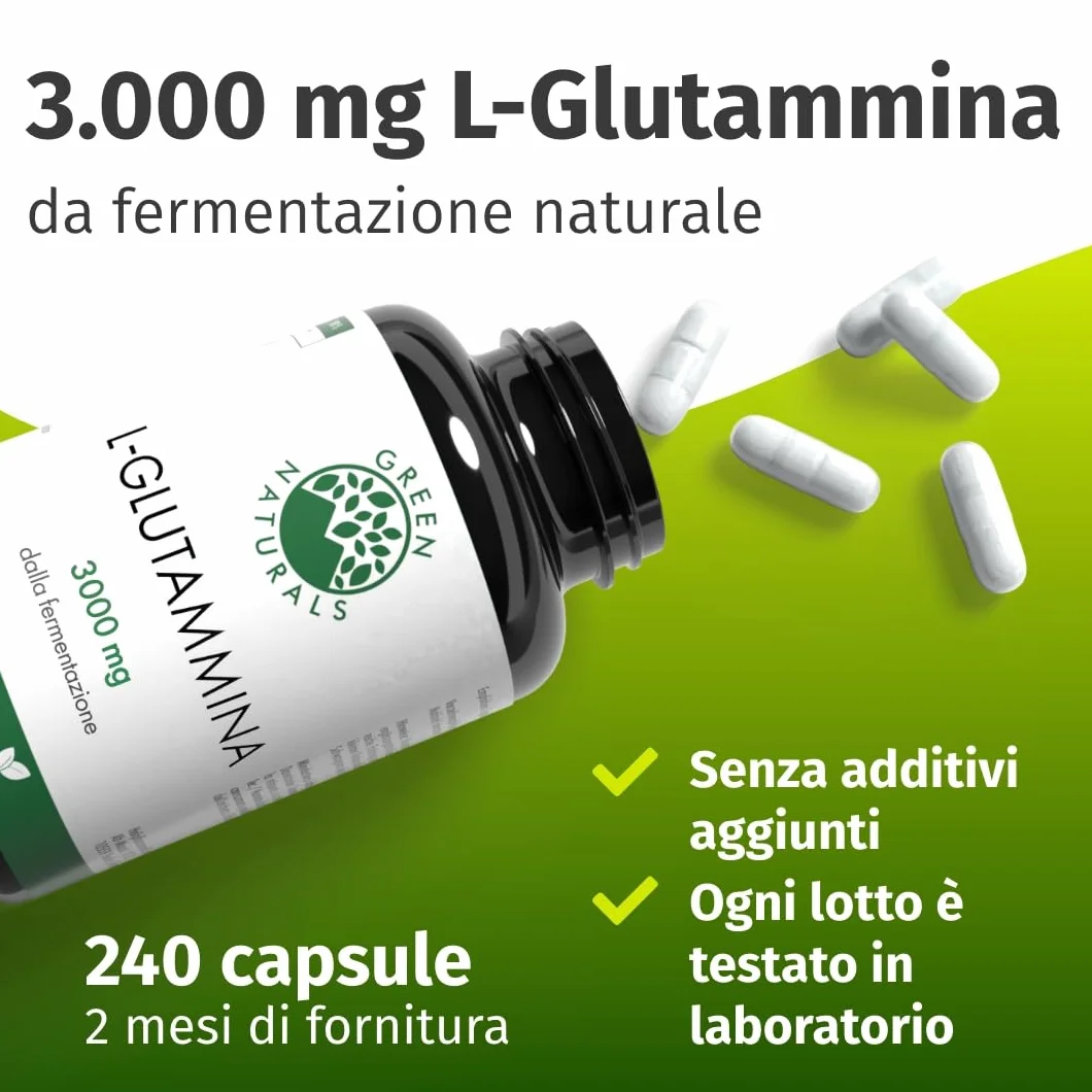 Green Naturals® L-Glutammina – Alto dosaggio 3.000 mg per dose giornaliera – Aminoacido puro in forma libera da fermentazione naturale – 100% vegana & senza additivi – 240 capsule (60 giorni)