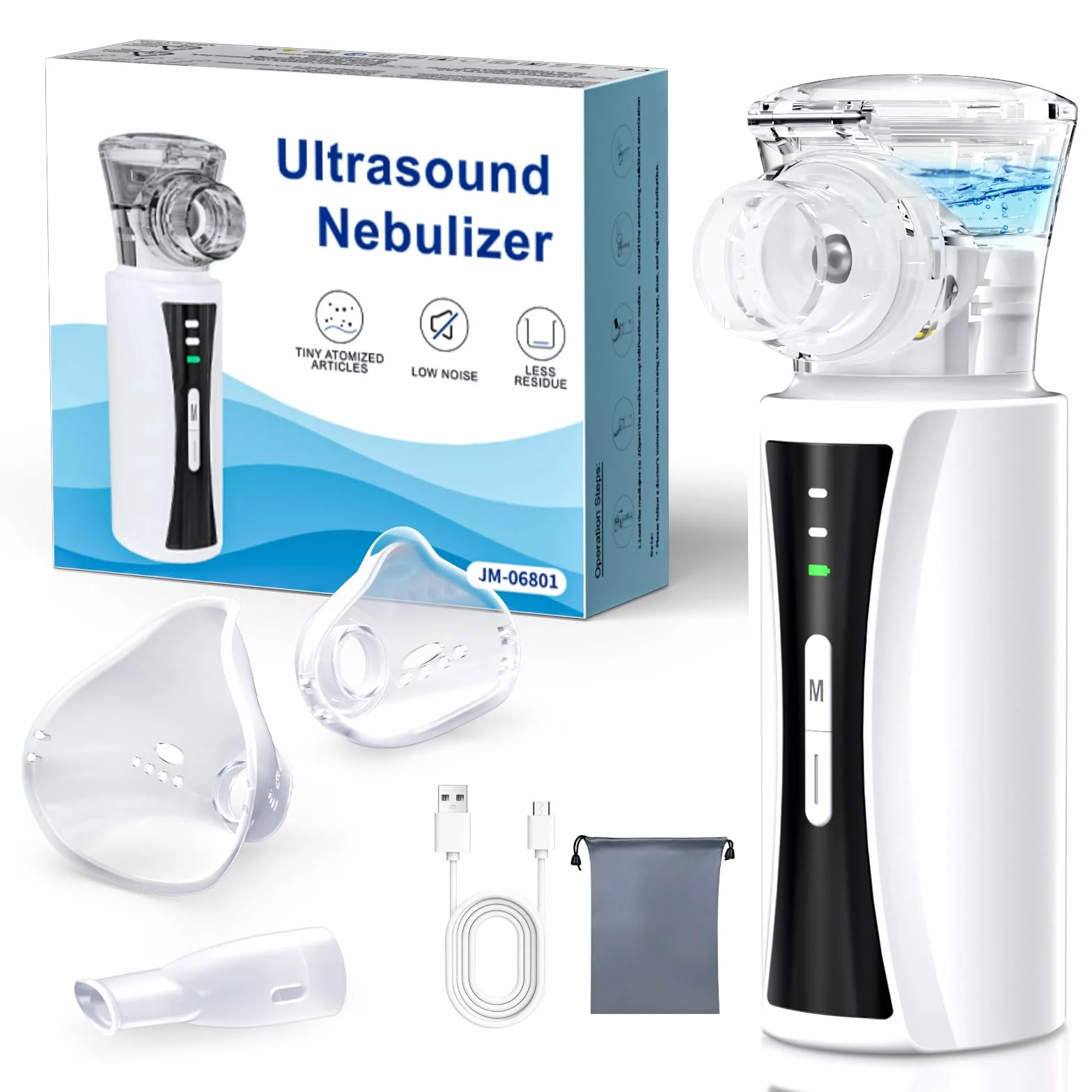 Aerosol Portatile Silenzioso USB Ricaricabile Nebulizzatore Ultrasuoni con 2 Maschere e Boccaglio