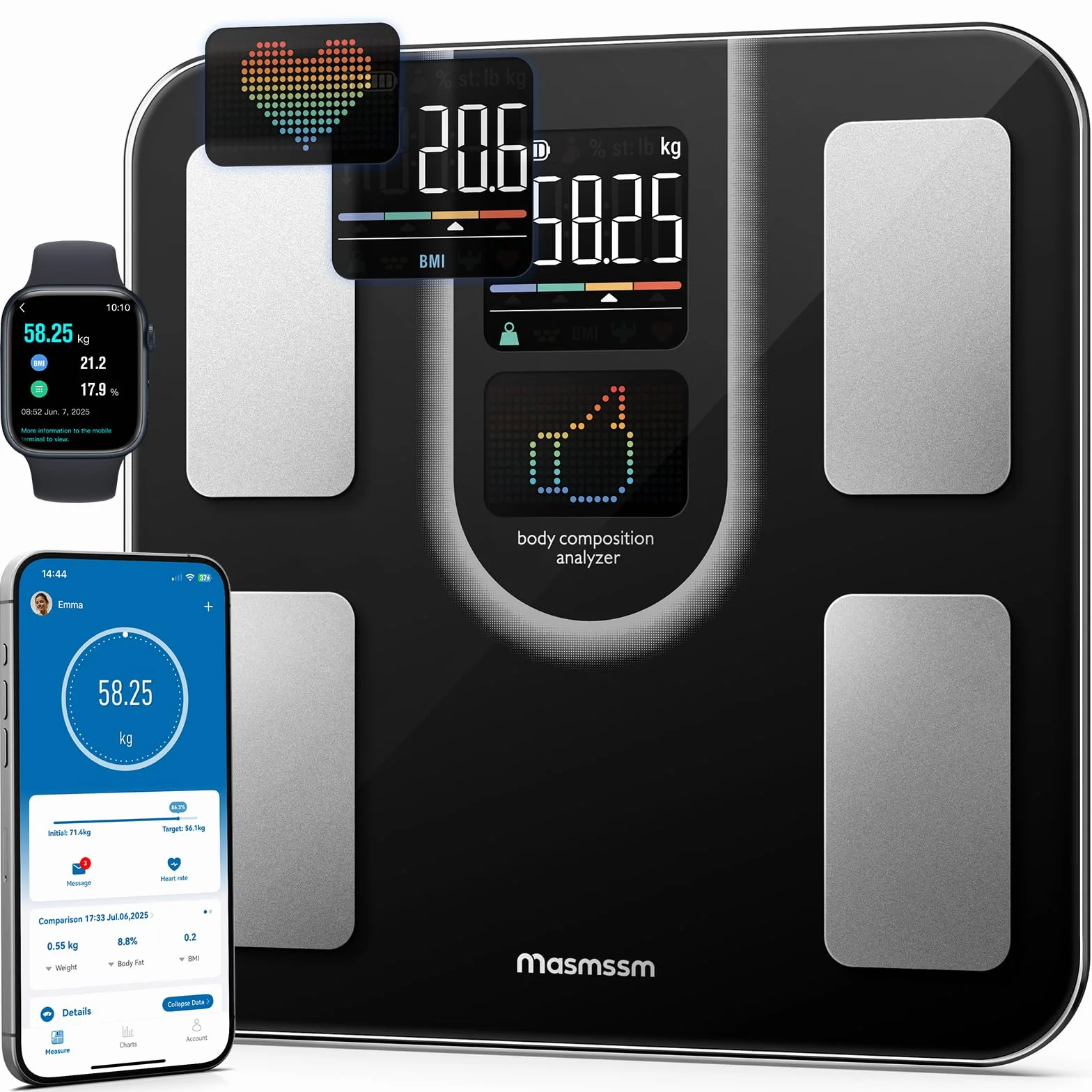 Bilancia Pesapersone Digitale Intelligente con Display VA, 22 Dati Corporei, Max. 180kg, Compatibile iOS & Android