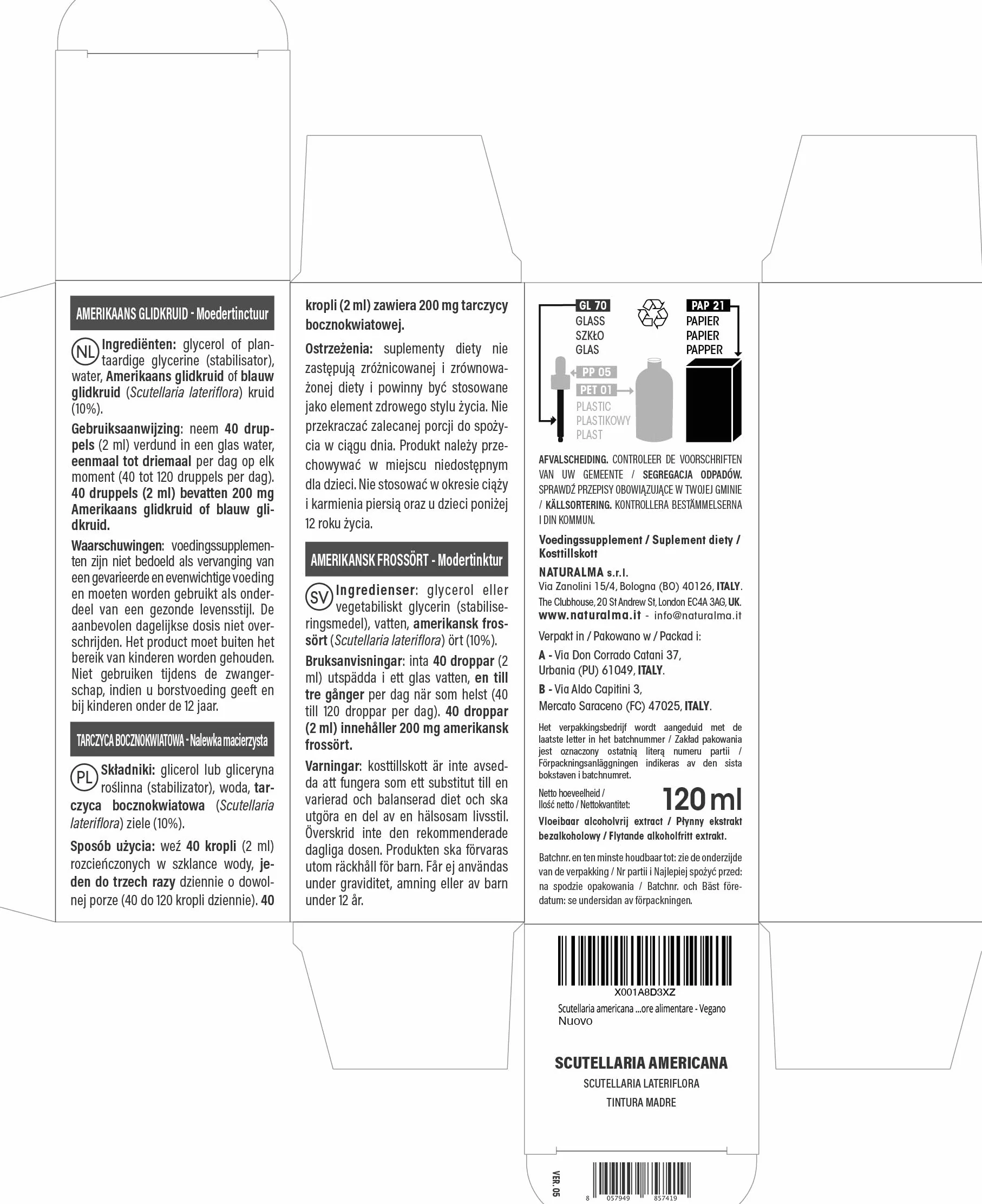 Scutellaria americana o scutellaria della Virginia (Scutellaria lateriflora) erba Tintura Madre analcoolica Naturalma - Estratto liquido gocce 120 ml - Integratore alimentare - Vegano