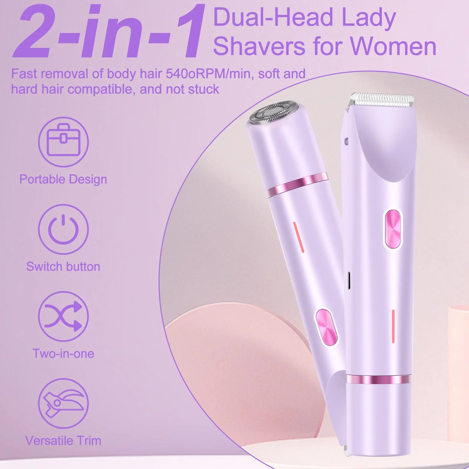 Rasoio Elettrico Donna, 2 in 1 IPX7 Rasoio Elettrico Intimo Donna, Depilazione Indolore Rasoio per Corpo Ascelle Gambe Bikini, Uso Bagnato e Asciutto(Viola)