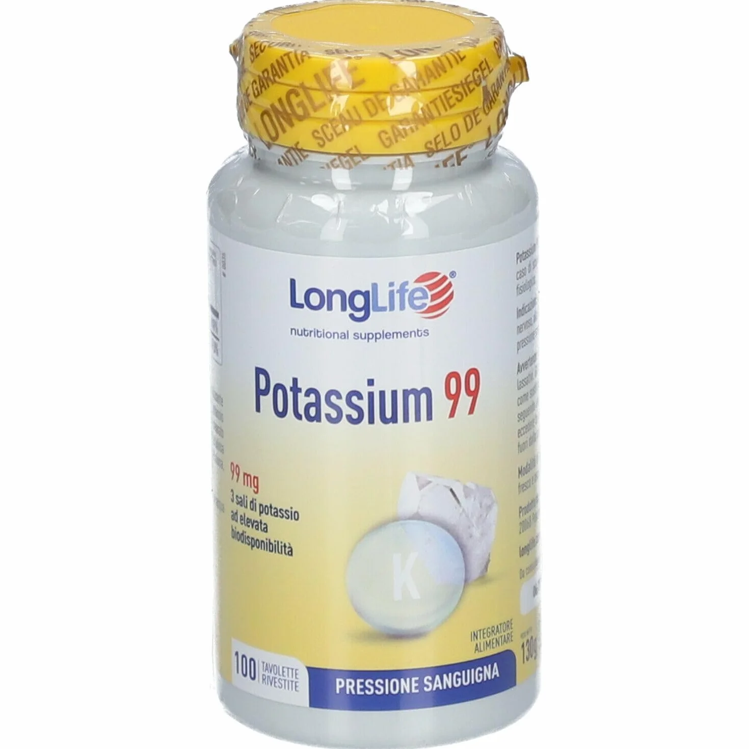 LongLife® Potassium 99 | 3 sali di potassio | Ad alta biodisponibilità | 100 tavolette rivestite | Pressione sanguigna, funzione muscolare e neurologica | Vegano e senza glutine
