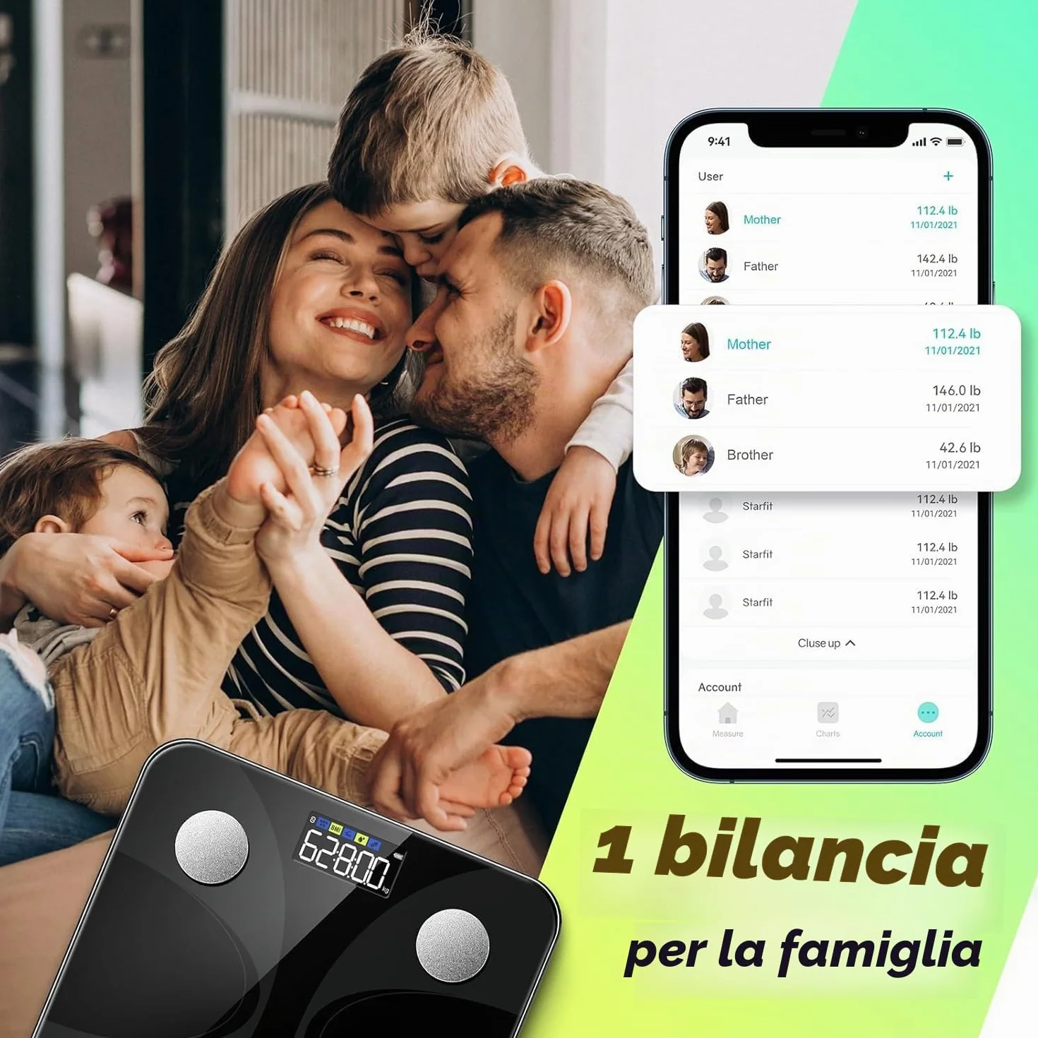 RunStar Bilancia pesapersone smart digitale con display, analizzatore composizione corporea 13 dati Sync App
