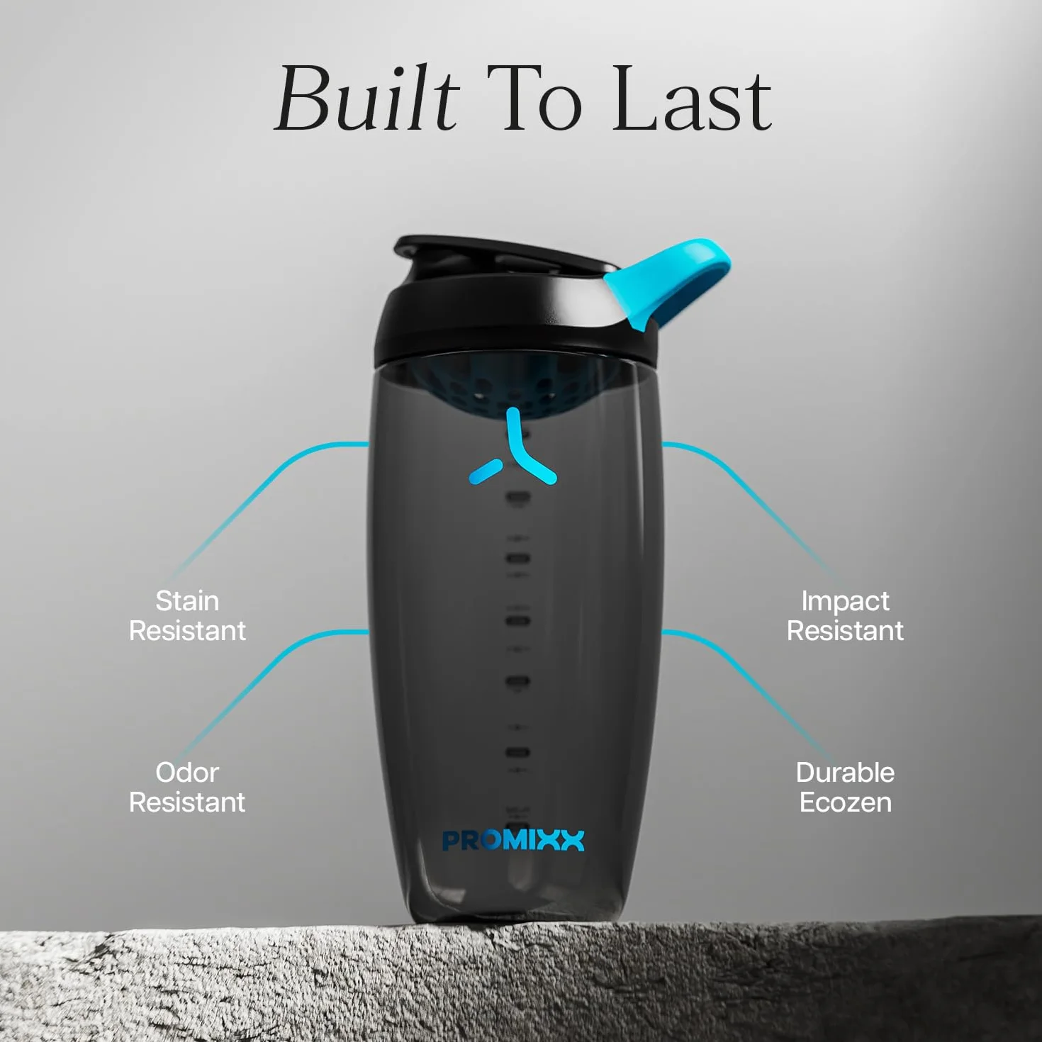 Promixx Pursuit Shaker Proteico – 760ml Miscelatore Silenzioso Snap-Fit per Frullati Senza Grumi – Ermetico Senza BPA Ecozen con Segni Misurazione Fitness – Nero