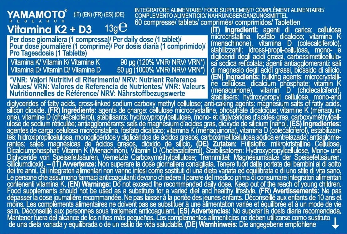 YAMAMOTO RESEARCH Vitamina K2 e D3 60 Compresse, Integratore Alimentare a base di Vitamina K2 e Vitamina D3 ad Alto Dosaggio, Supporta la Salute di Ossa e Denti