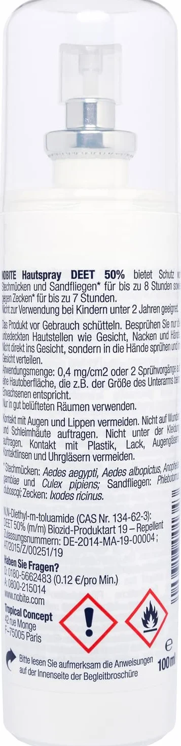 NOBITE Spray Antizanzare 100ml 50% DEET Repellente Insetti