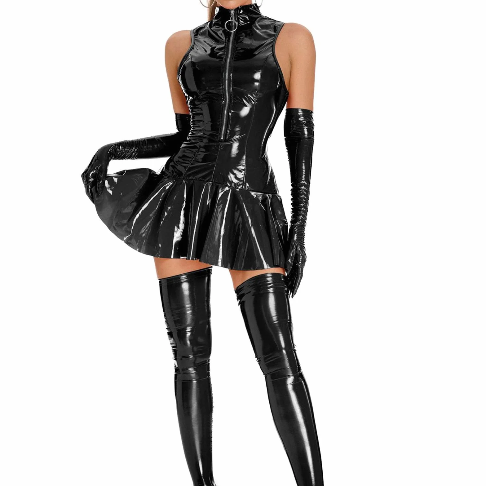 Generico Body in Lattice Lucido Elasticizzato con Cerniera Frontale per Pole Dance Clubwear
