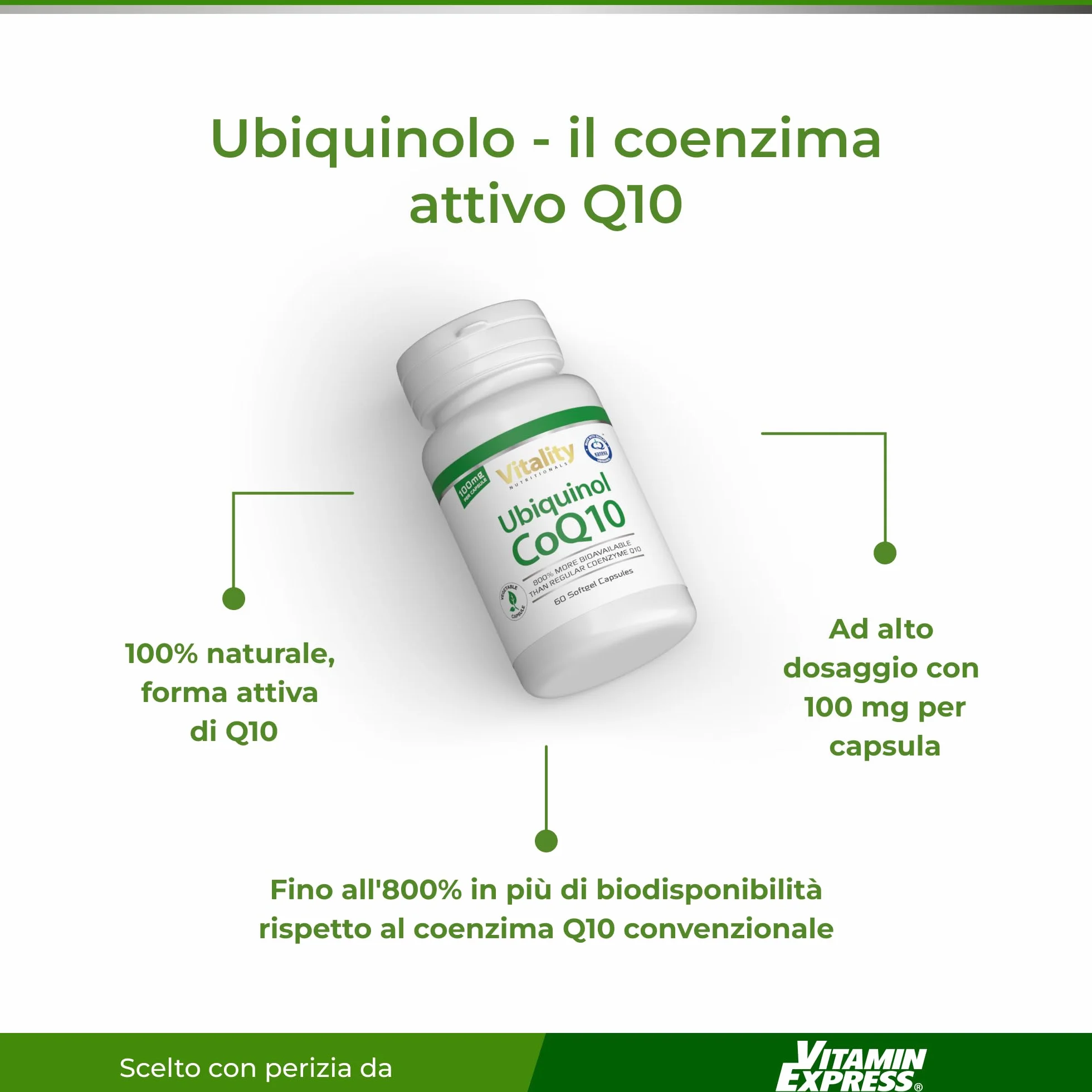 Vitality Nutritionals Coenzima q10, Ubiquinolo fino all'800% più biodisponibile del normale CoQ10, 100 mg di ubichinolo. Senza additivi. Energia Antiossidanti Anti-invecchiamento. Ubiquinol CoQ10