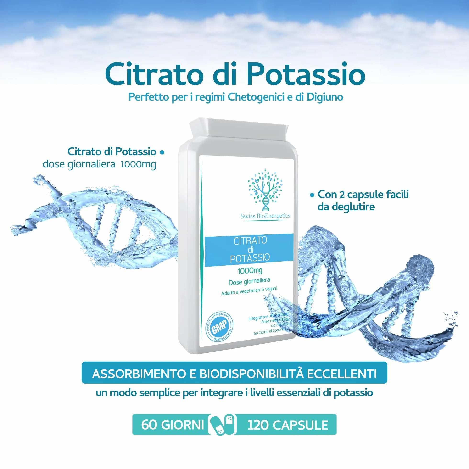 Citrato di potassio 1000 mg al giorno - 120 capsule vegane - Supporto elettrolitico ad alta resistenza con una biodisponibilità e un assorbimento eccellenti - Ottimo per la chetogenesi e il digiuno