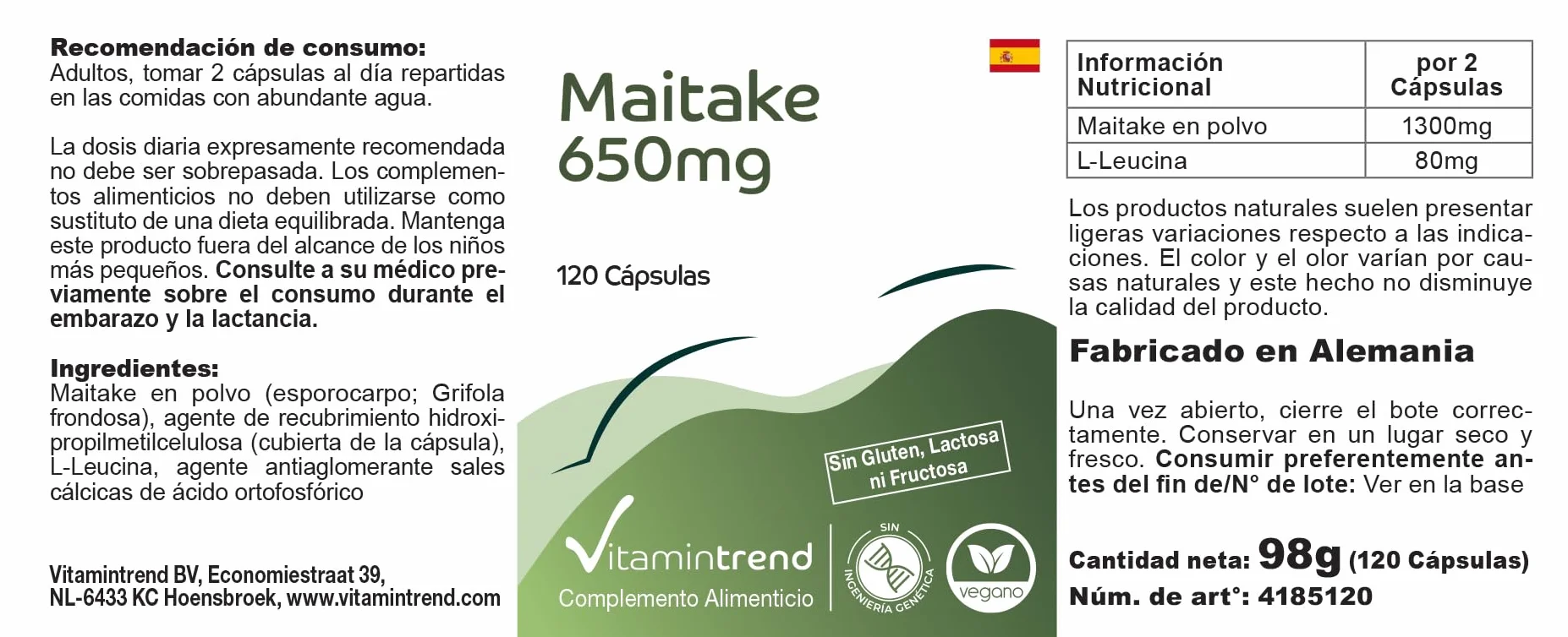 Vitamintrend Polvere di Maitake 650 mg, 120 capsule, ad alto dosaggio, adattogeno, integratore alimentare vegano senza stearato di magnesio, prodotto in Germania