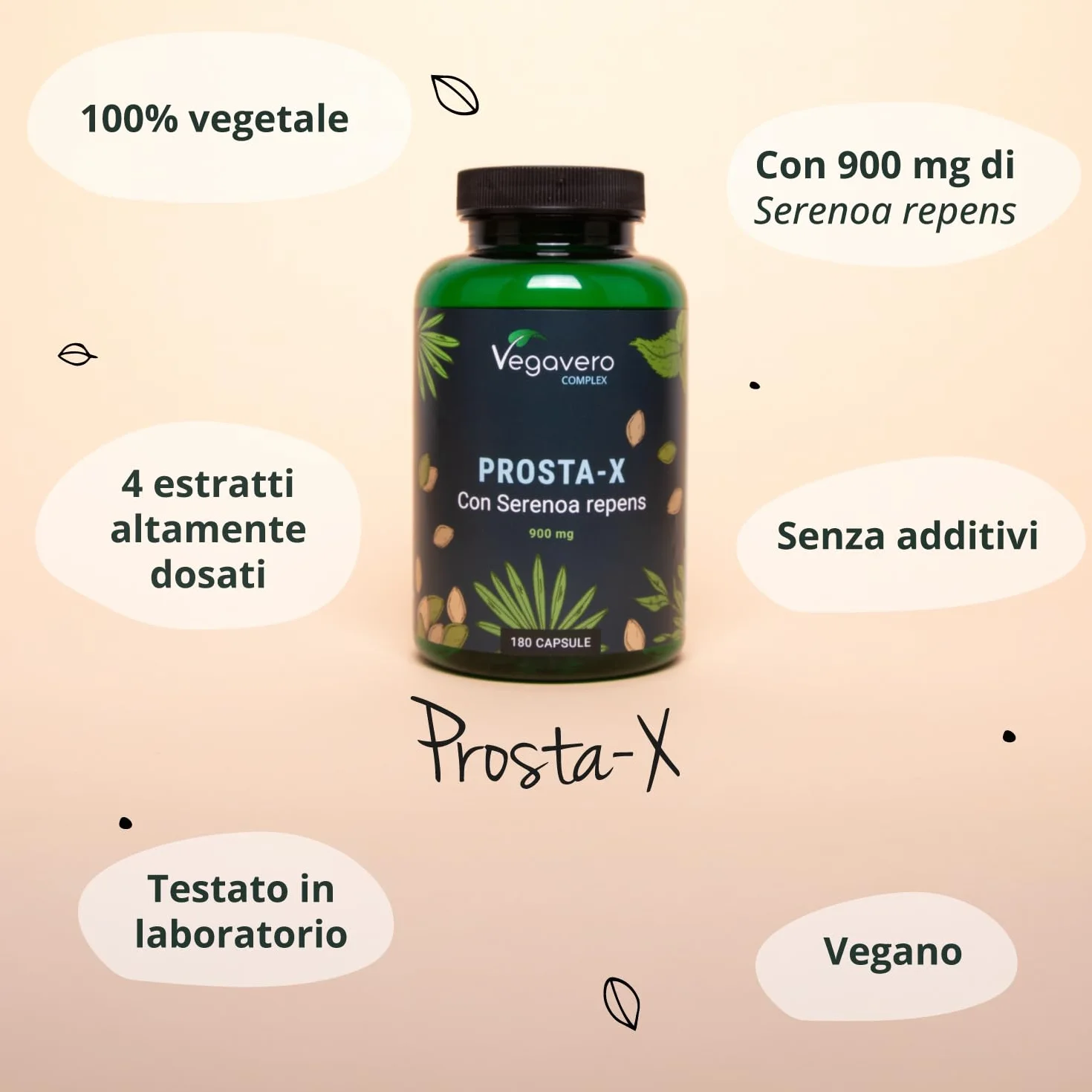 Vegavero® Serenoa Repens 900 mg 180 capsule Integratore Prostata Uomo Saw Palmetto Epilobio Ortica Zucca