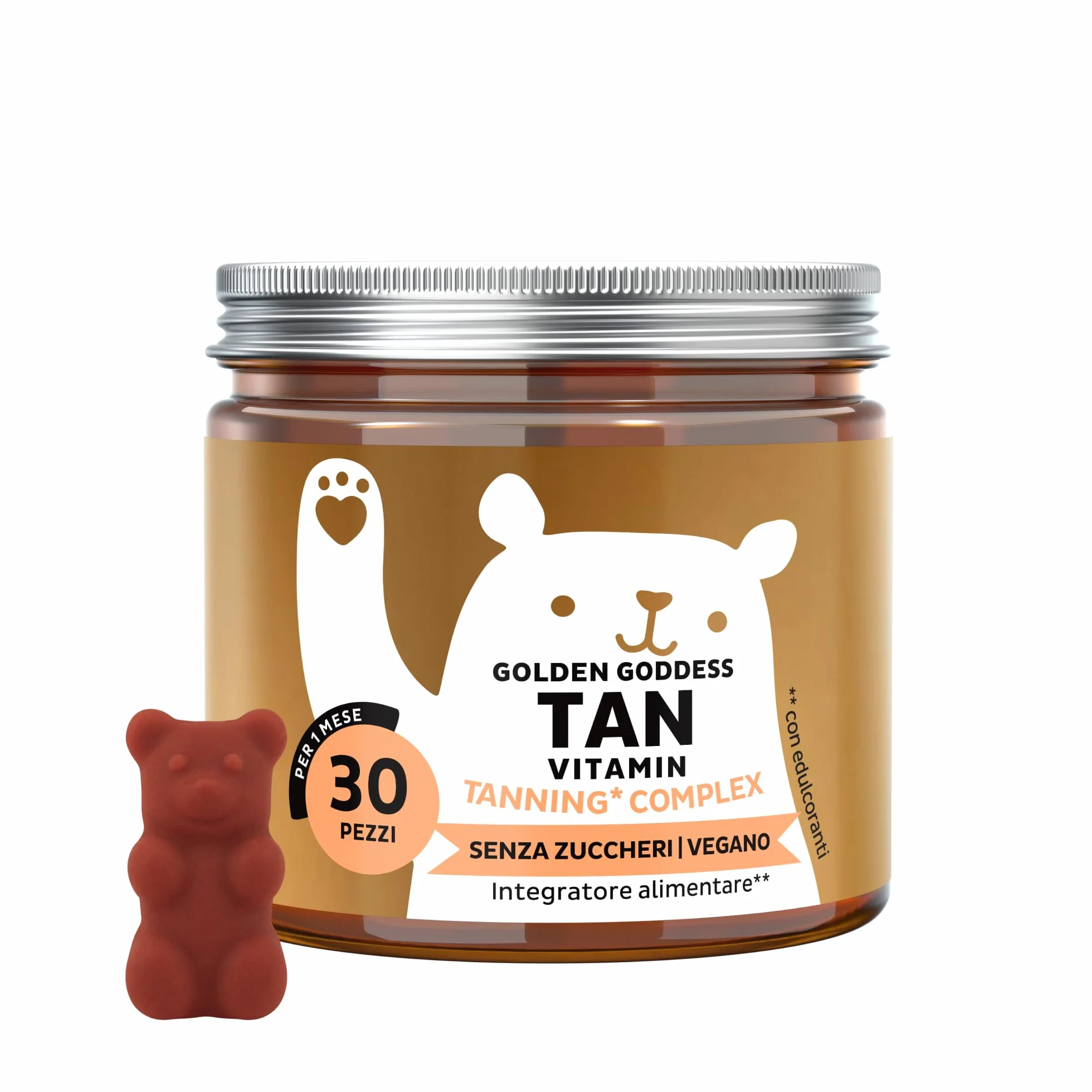 Golden Goddess Tan Vitamin Caramelle Gommose 30 pezzi - Complesso Abbronzante con Vitamina C, E, D, Betacarotene e Rame - Senza Zucchero, Vegano