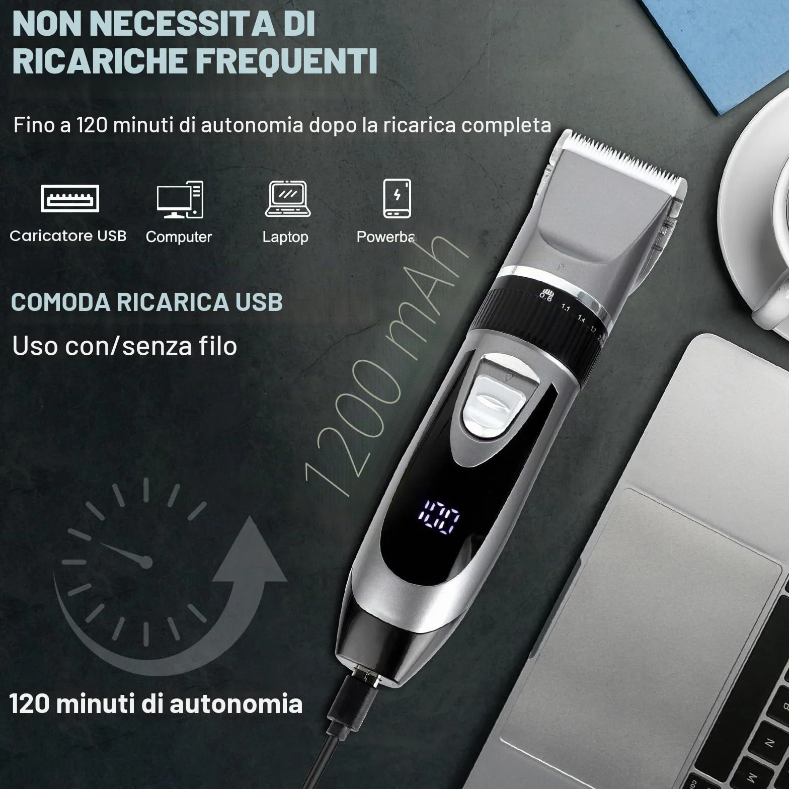 Cozary Rasoio Elettrico Barba, Macchinetta per Capelli, Tagliacapelli Uomo Professionale, Ricarica USB con Display a LED, 4 Pettini Guida, Senza Fili Trimmer, Regolabarba Uomo per Famiglia/Barbiere