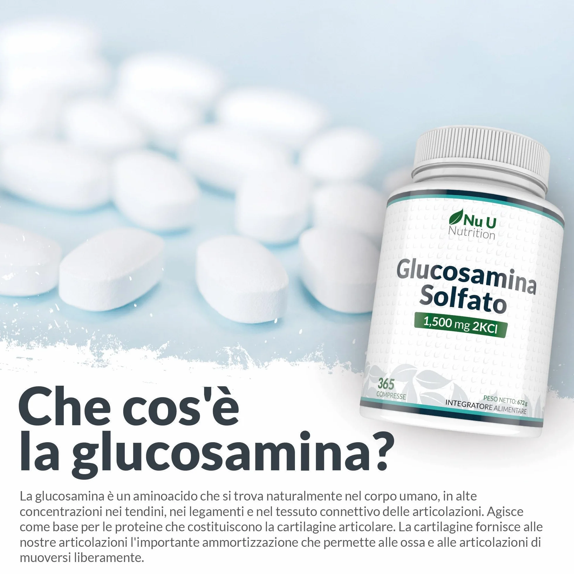 Glucosamina Solfato 1500 mg 2KCl Alto Dosaggio - 365 Compresse non Capsule - 1 Anno di Durata - Integratore per Articolazioni - Prodotto in Europa - Nu U Nutrition