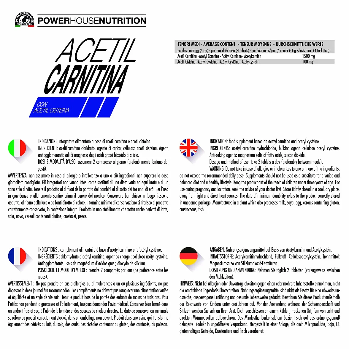 Acetil Carnitina 1500mg Alto Dosaggio 60 compresse Powerhouse Nutrition