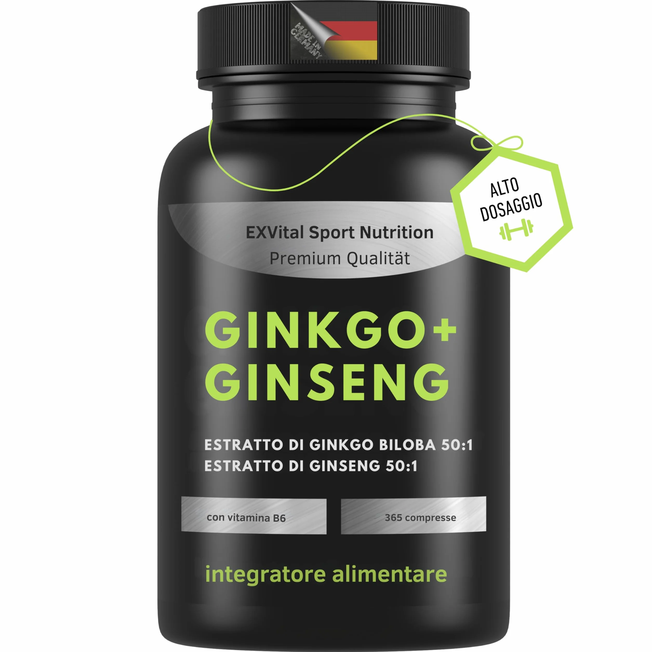 EXVital® Ginkgo + Ginseng, 365 compresse, estratti vegetali 50:1, altamente dosati, Ginkgo Biloba e Ginseng coreano, Testato in laboratorio, Vegano