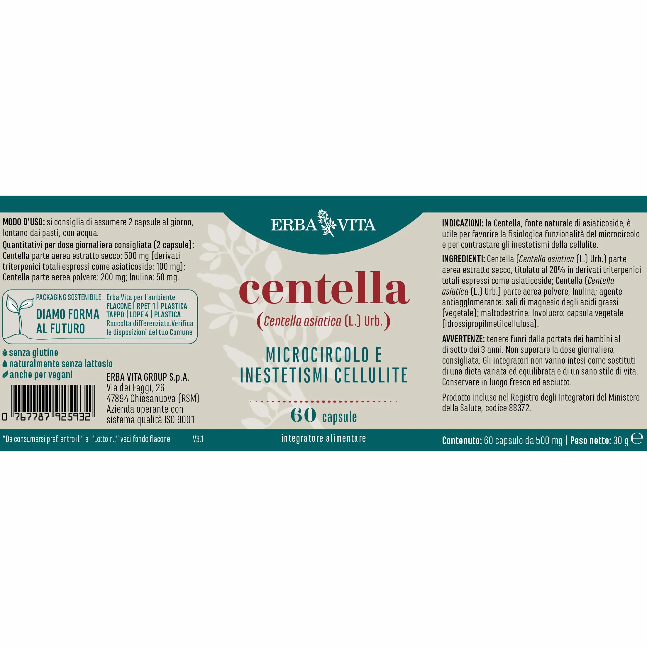 ERBA VITA Integratore Alimentare Centella 60 Capsule Microcircolo Cellulite