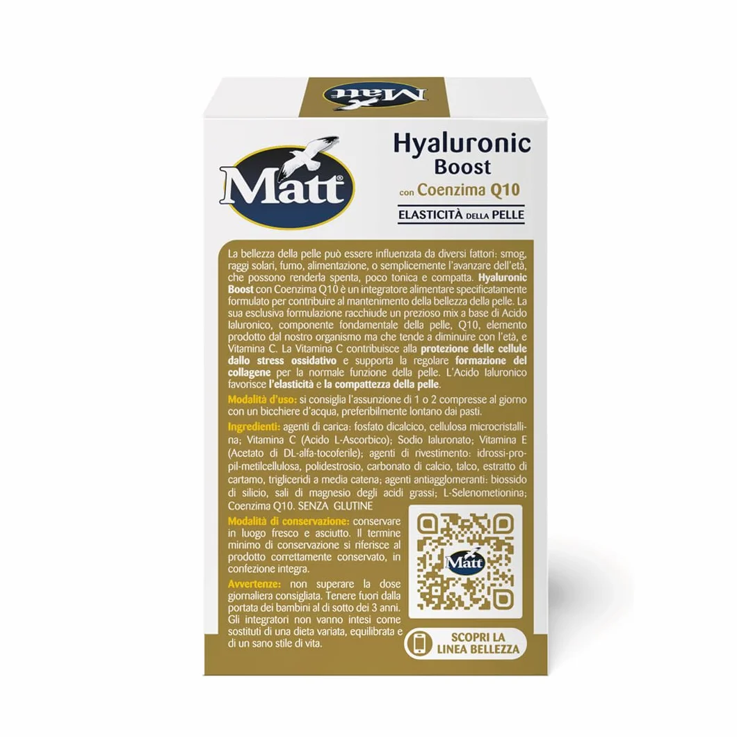 Matt Hyaluronic Boost Integratore Acido Ialuronico Compresse con Coenzima Q10 e Vitamina C 30 Compresse