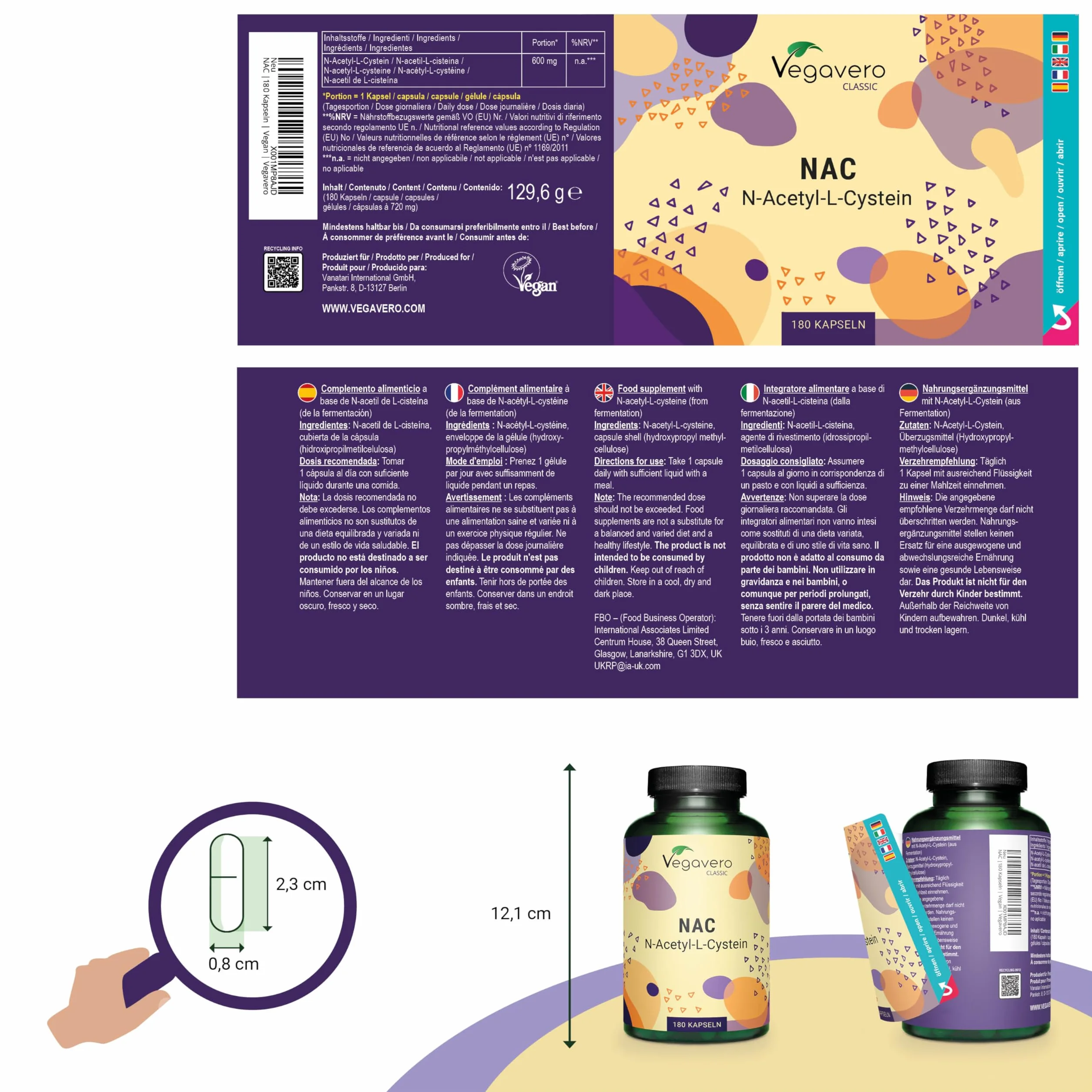 NAC N-Acetil-Cisteina 600 mg | 180 capsule (6 Mesi) | Alto Dosaggio | 100% NATURALE da Mais | Precursore del Glutatione | SENZA ADDITIVI | Integratore N-Acetyl L-Cysteine | Vegan | Vegavero