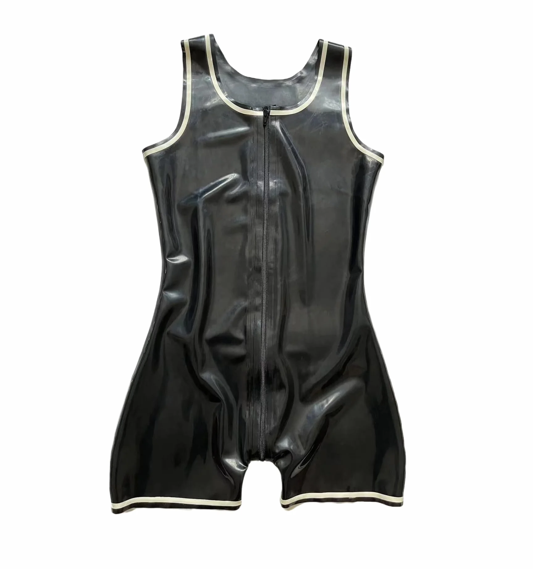 Body da uomo sexy in lattice di gomma senza maniche, stile canotta, con cerniera sul cavallo