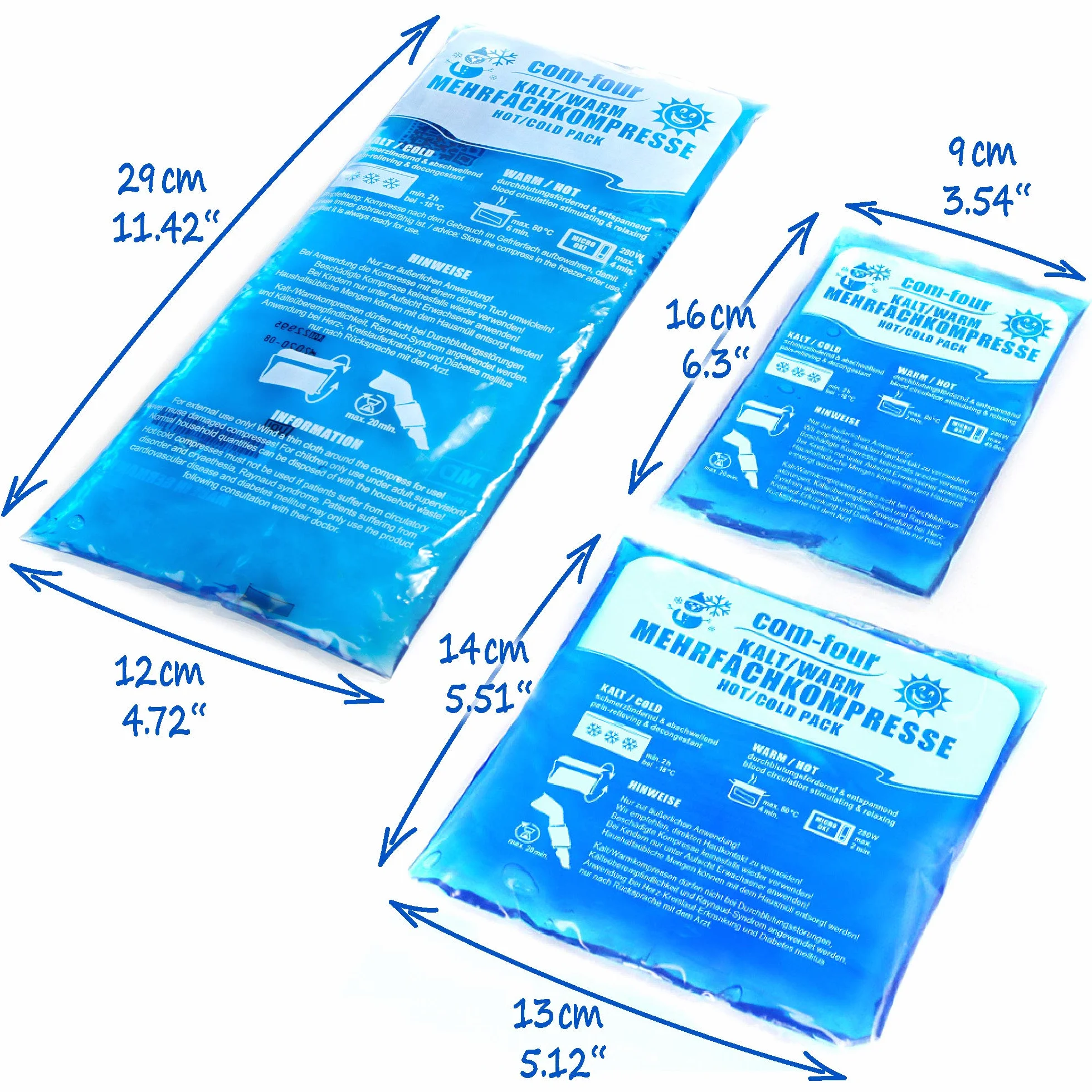 com-four® Pack Economico Impacco Multiuso Riutilizzabile 3 Dimensioni- Busta Gel Freddo/Caldo- Adatto per Microonde - Made in Germany (6 pezzi)