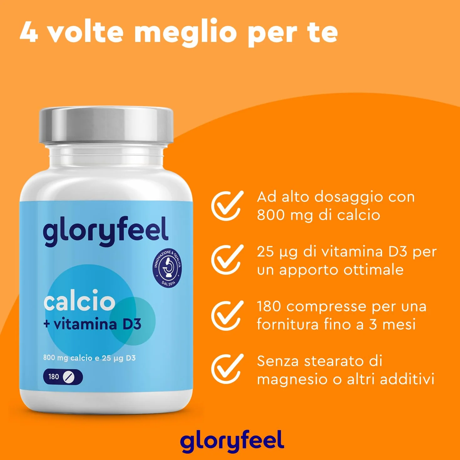 Integratore Calcio e Vitamina D3, 180 Compresse, Eletto PRODOTTO DELL'ANNO 2025, (Scorta per 3 Mesi), Calcio 800 mg e Vitamina D3 25µg, Integratore per il Supporto delle Ossa*, Senza OGM