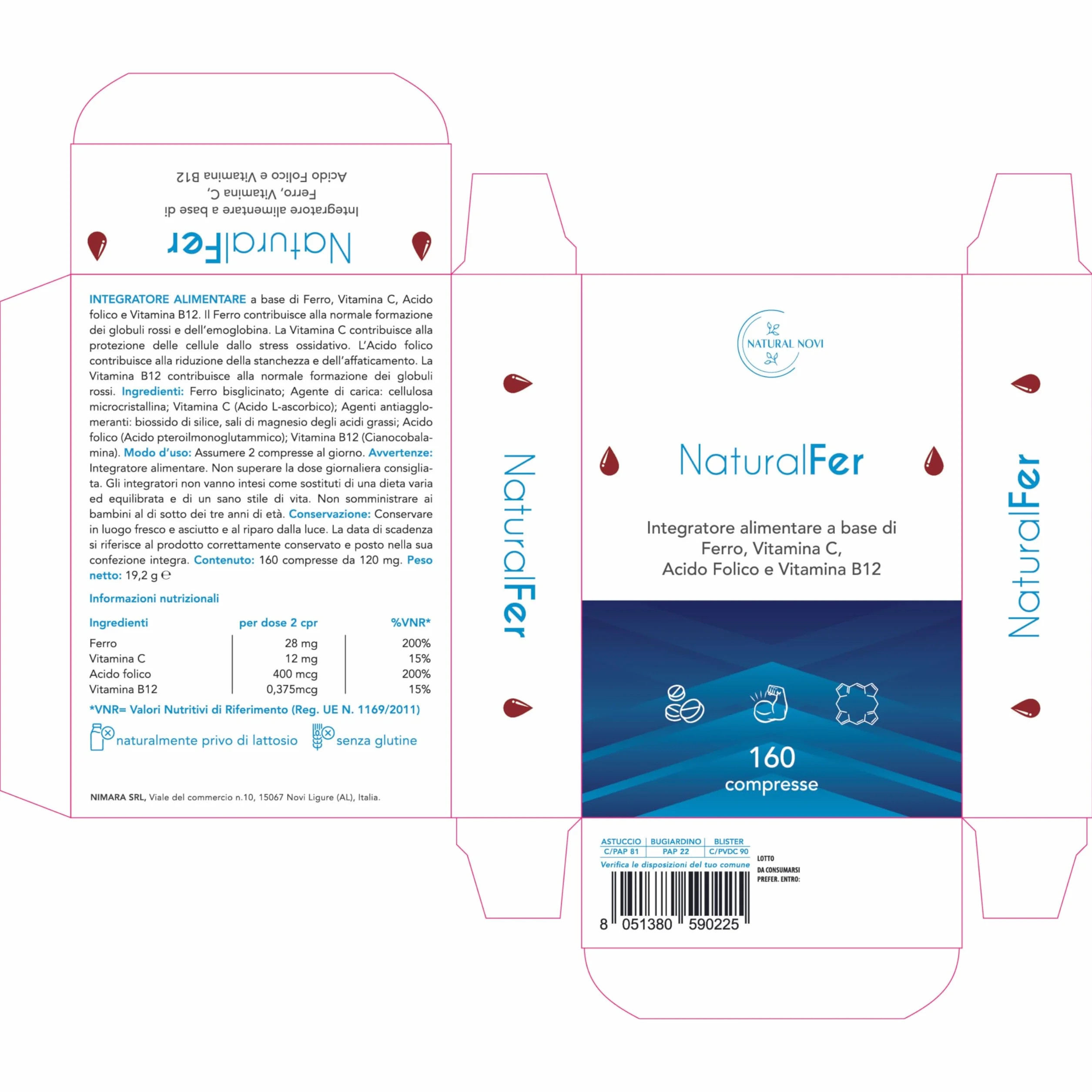 Ferro Integratore 28mg NaturalFer® | 160 compresse | Vitamina C + Vitamina b12 e acido Folico | Supporto Energetico e stanchezza | Senza Glutine | Senza Lattosio