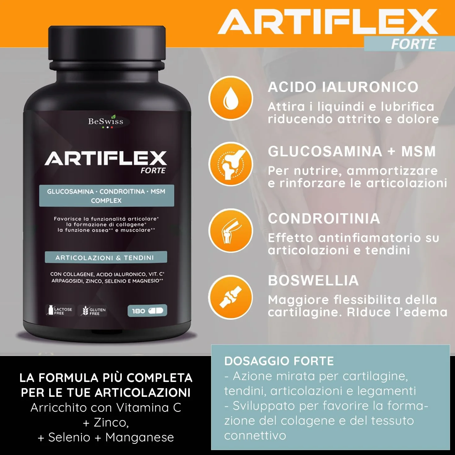 Artiflex Glucosamina Condroitina MSM - 180 Capsule Integratore per Ossa Articolazioni Cartilagine | con Collagene, Acido Ialuronico, Boswellia, Vitamine e Minerali | Alto Dosaggio