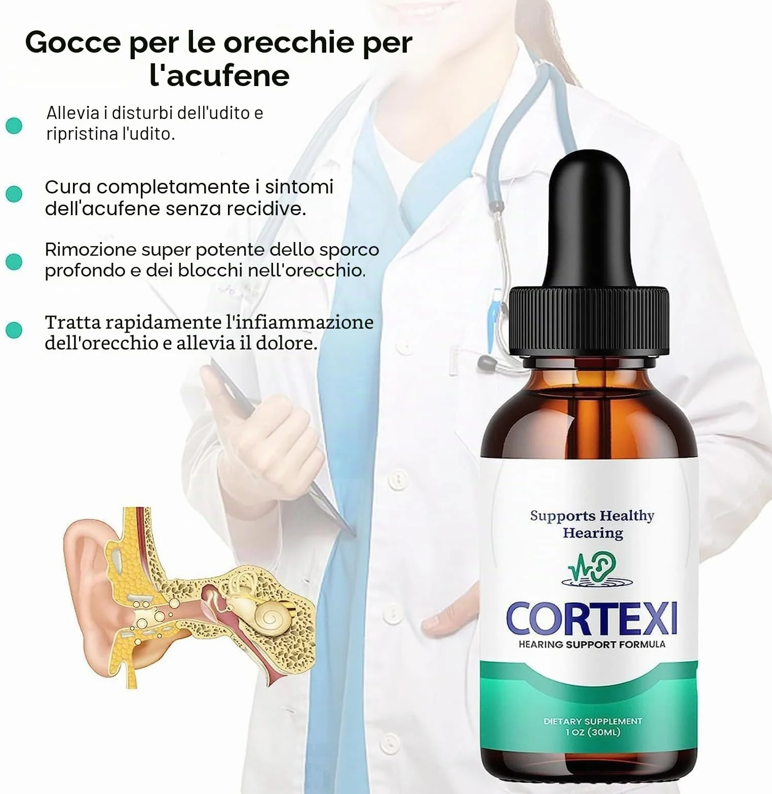 Cortexi - Gocce di supporto per l'udito – Aiuta con la salute del timpano, Cortexi gocce auricolari, promuove la chiarezza uditiva, supporta un udito sano – Olio d'oliva di grado medico per cerume (1